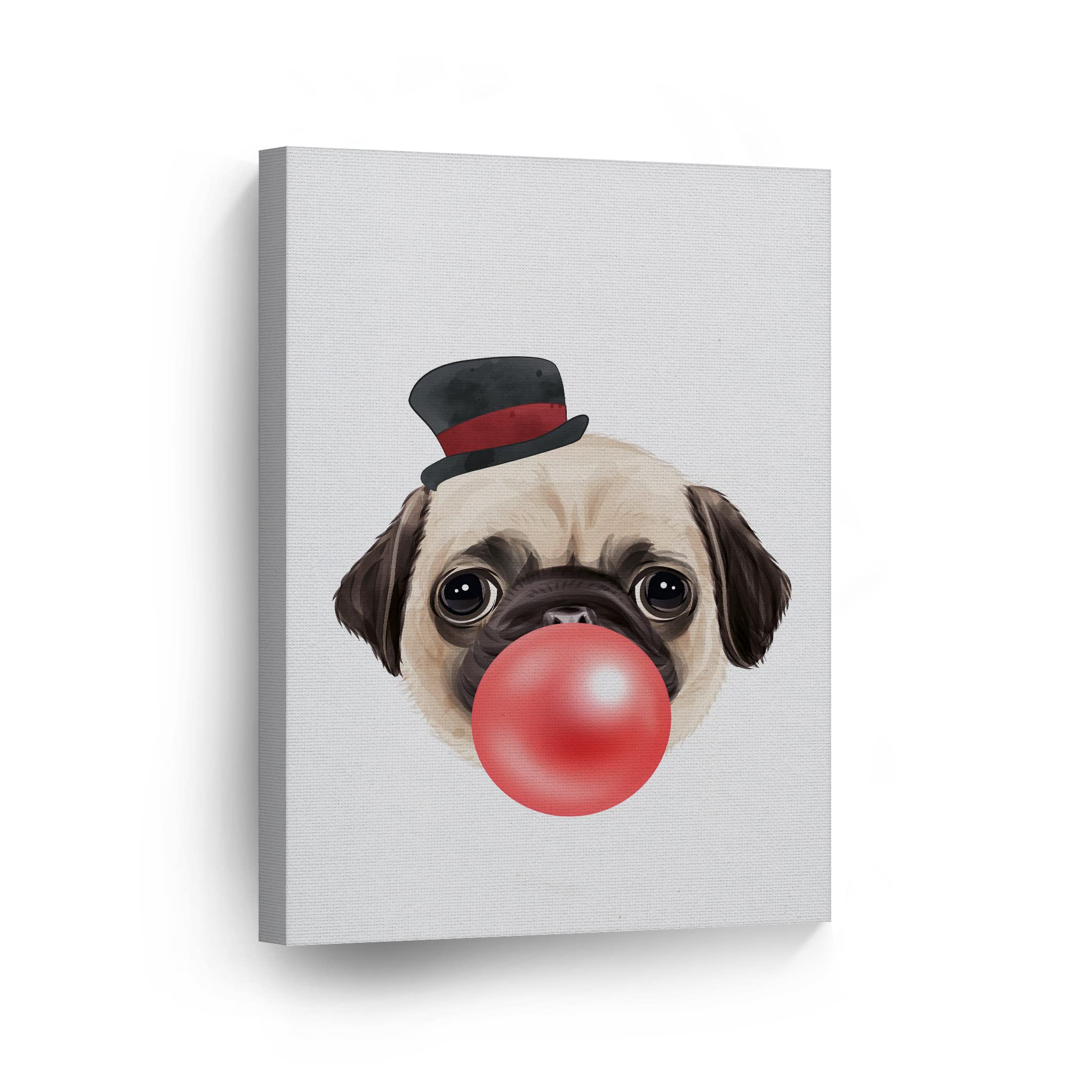 Pug Dog with Hat Chewing Bubble Gum Canvas Wall Art Print - 36x24 Inch Pet Lover Gift, Pop Art Animal Portrait for Office, Living Room, Bedroom & Nursery Decor | Funny Dog Artwork for Home & Kids Room