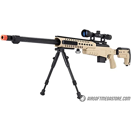 Lancer Tactical WellFire MB4418-3 Bolt Action Airsoft Sniper Rifle - 380 FPS with Scope & Bipod (Tan) - Perfect for Outdoor Skirmishes, Target Practice & Airsoft Competitions