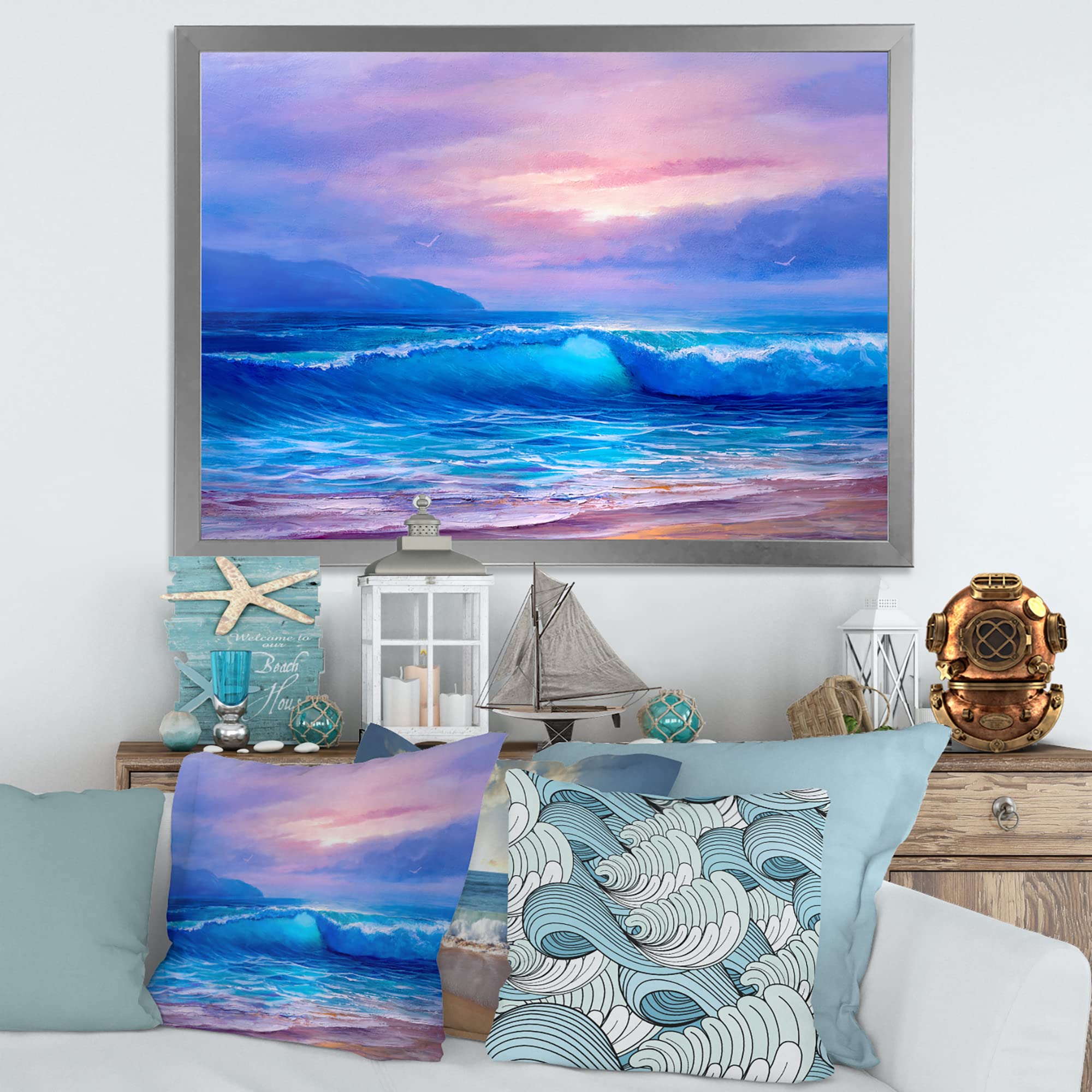 Golden Sunset Over The Sea Coastal Framed Wall Art - Beach Themed Ocean Painting for Living Room, Bedroom & Office Decor | Nautical Home Decor Gift Idea