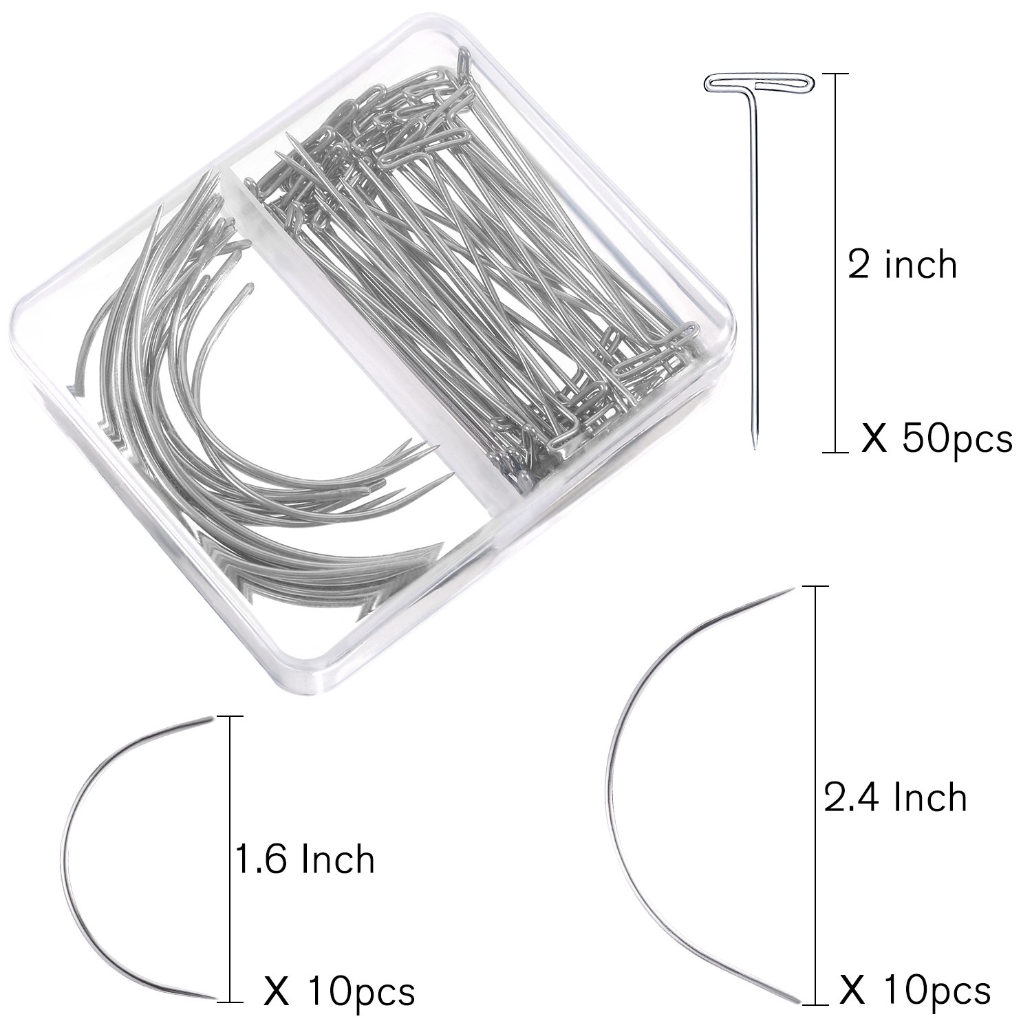 70-Piece Wig Making Pins & Needles Set - T Pins & C Curved Needles for Hair Weaving, Wig Making, Knitting Blocking, Modeling & DIY Crafts - Perfect for Styling, Sewing & Creative Projects