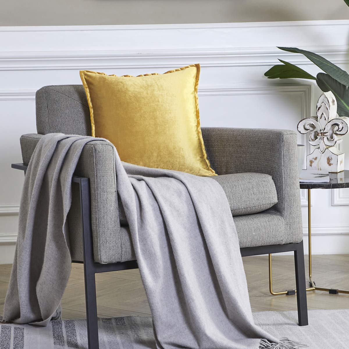 GIGIZAZA Yellow Velvet Decorative Throw Pillow Covers 22x22 Inches - Set of 2 Square Sofa Cushion Covers for Living Room, Bedroom & Home Decor
