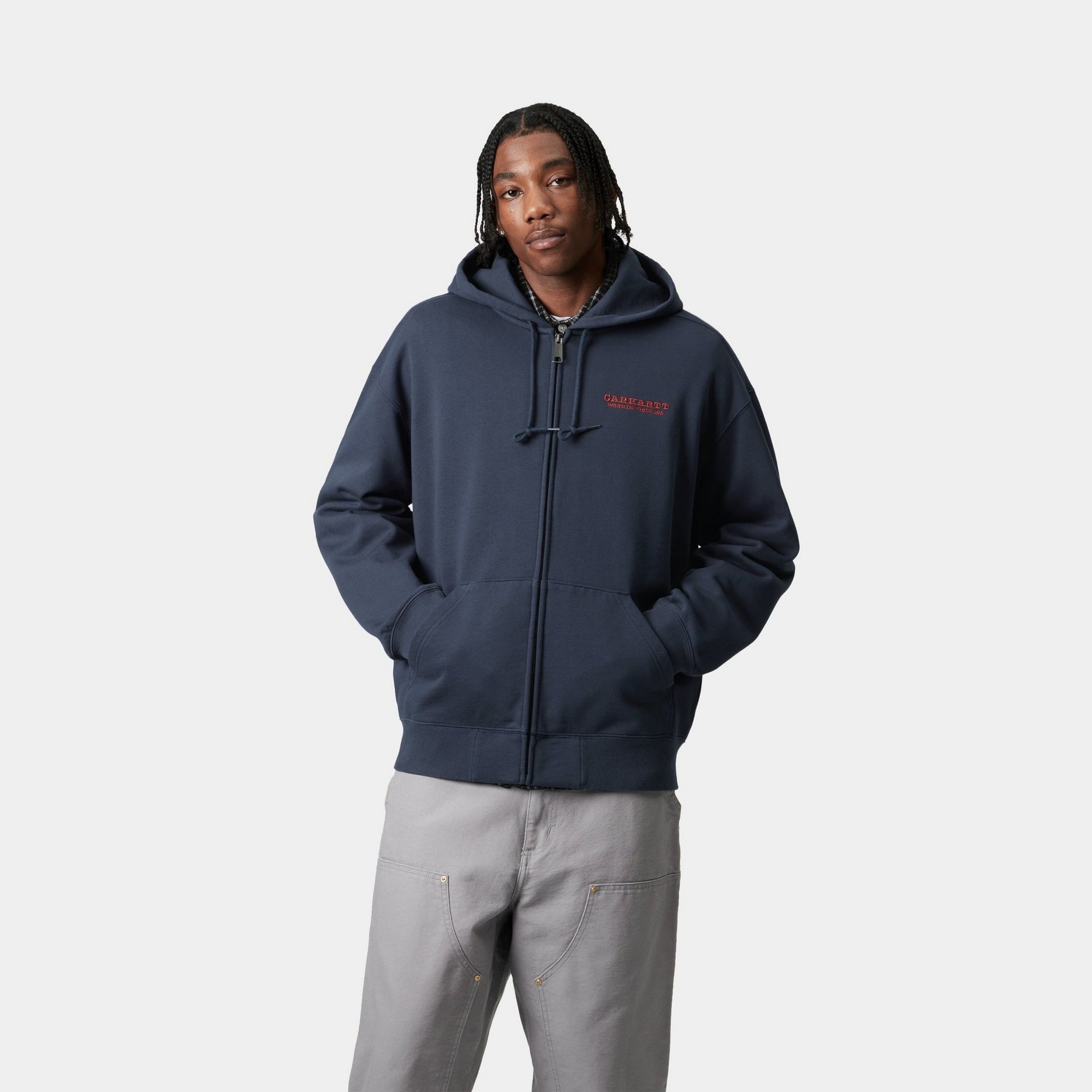 Stylish Hooded Runaway Sweatshirt Jacket for Men & Women | Distressed Stone Washed Blue/Vermillion Color | Perfect for Casual Wear, Street Fashion & Outdoor Activities