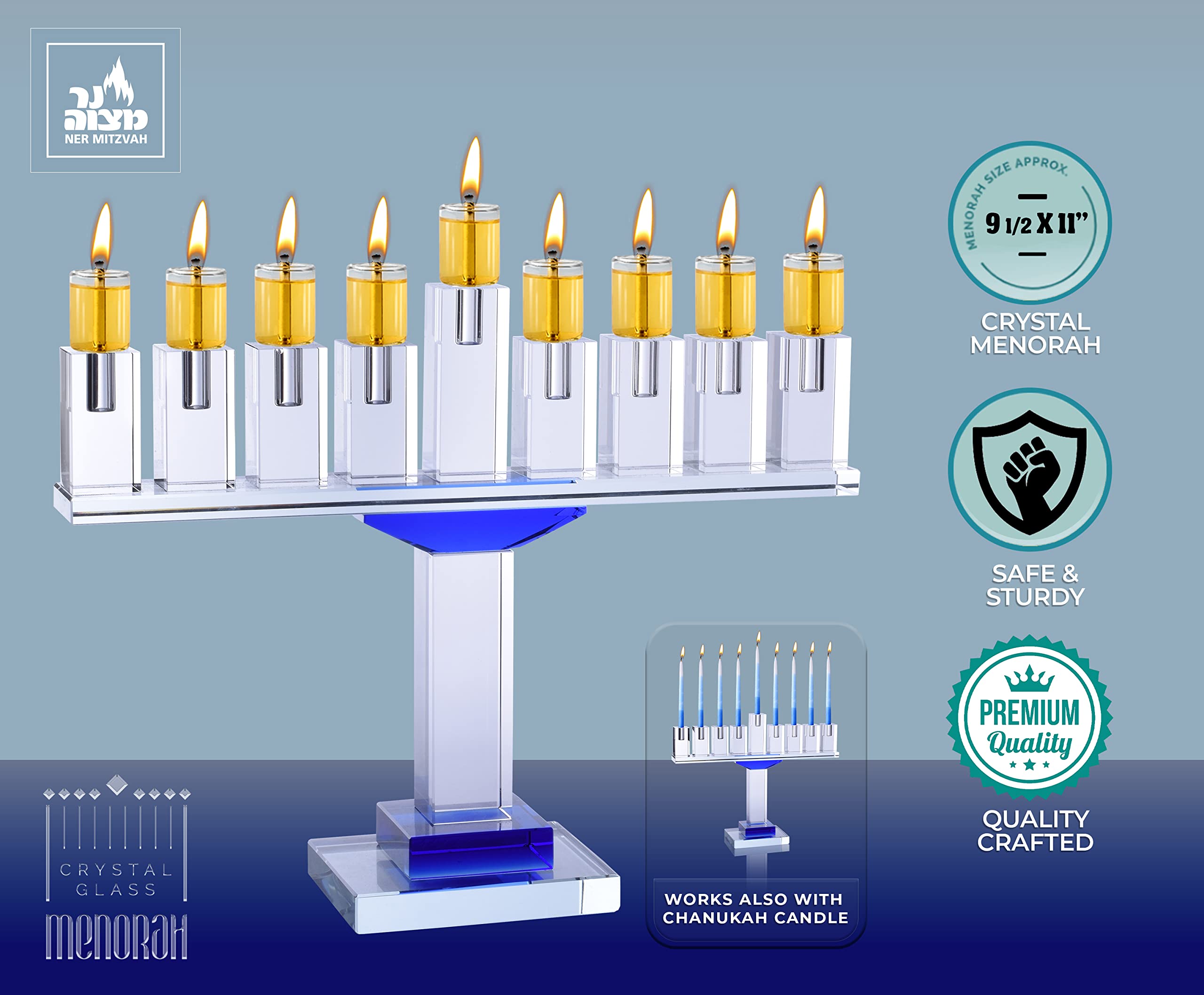 Blue Crystal Hanukkah Menorah - 9 Inch Modern Glass Candle Holder for Chanukah, Fits All Standard Hanukkah Candles | Perfect for Jewish Holiday Decor, Home Celebration & Gift Giving