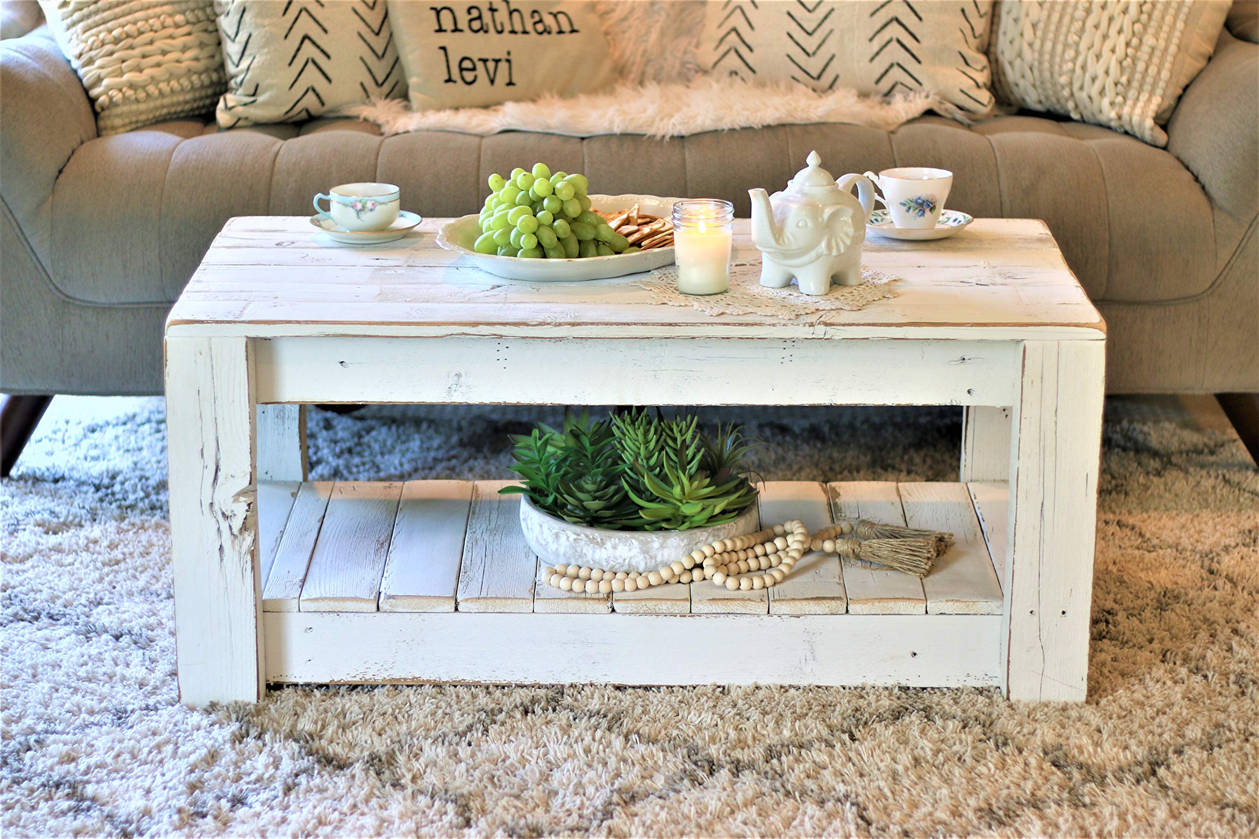 Rustic White Farmhouse Coffee Table with Lower Shelf - Perfect for Living Room, Lounge & Farmhouse Decor