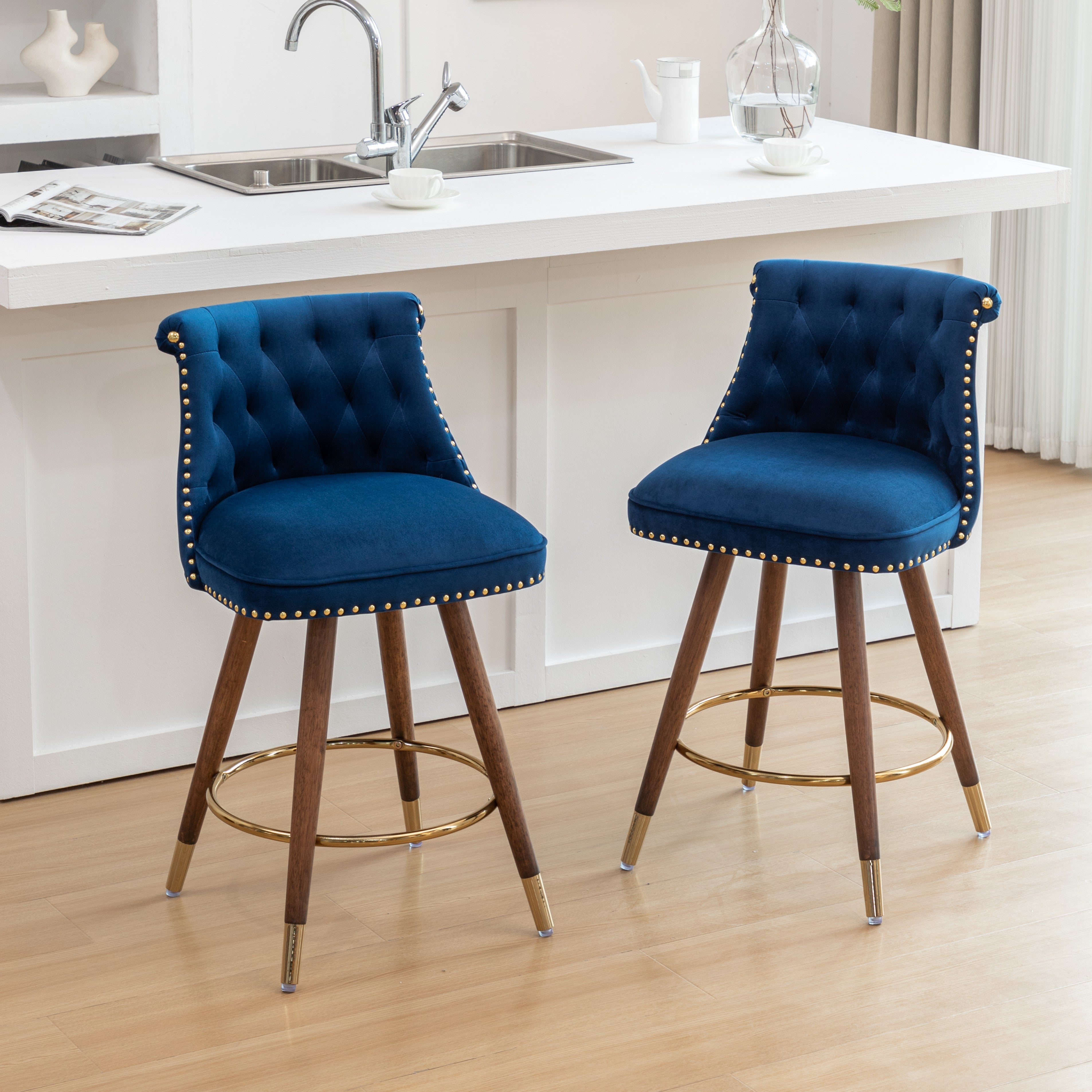 Roundhill Furniture Elvara Set of 2 Button Tufted Counter Stools with Nailhead Trim - Modern Kitchen Bar Stools for Breakfast Nook, Kitchen Island & Home Decor