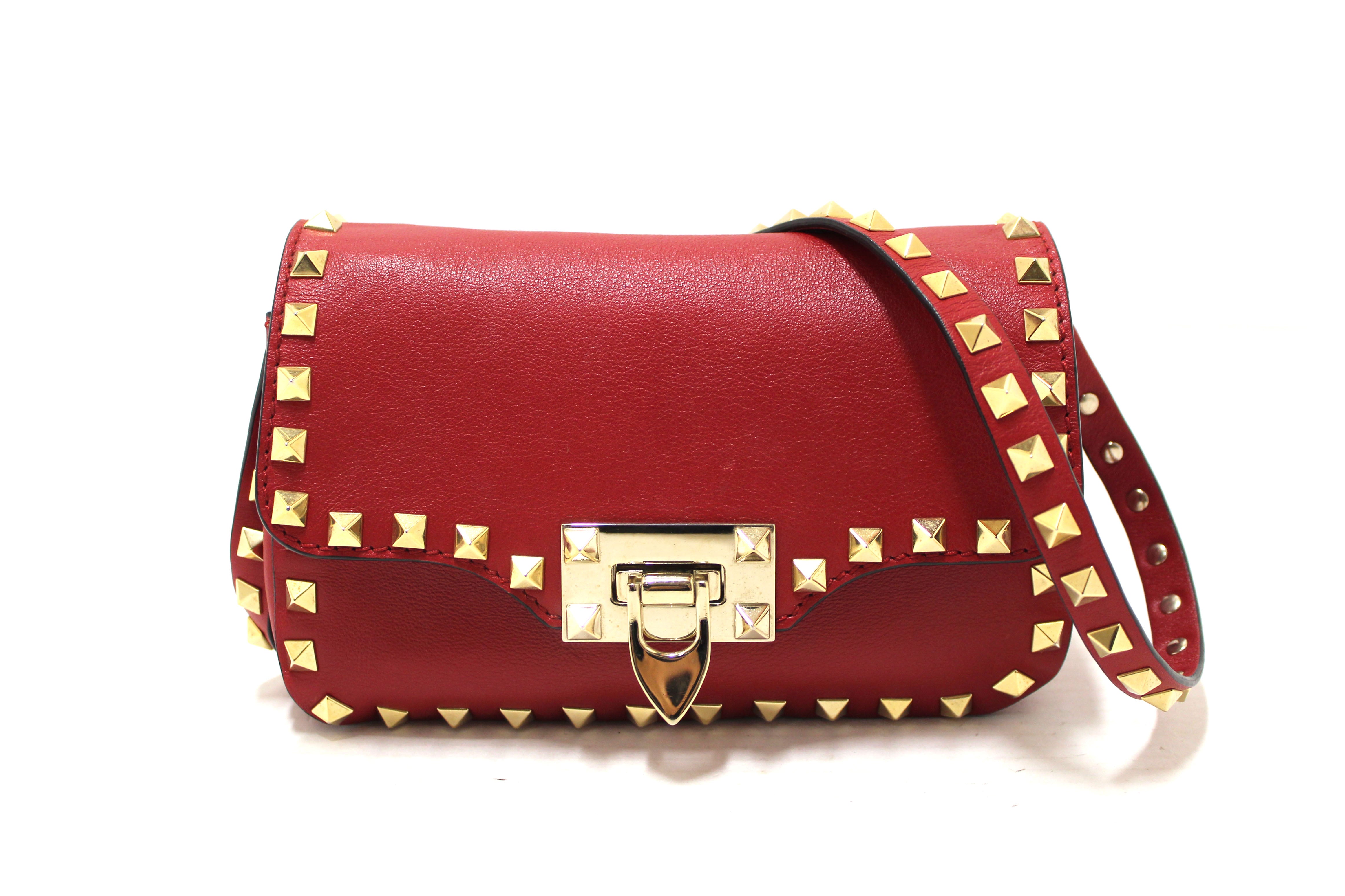 Authentic Valentino Garavani Red Vitello Mini Rockstud Flap Crossbody Bag - Luxury Leather Shoulder Purse for Women, Perfect for Date Night & Evening Events