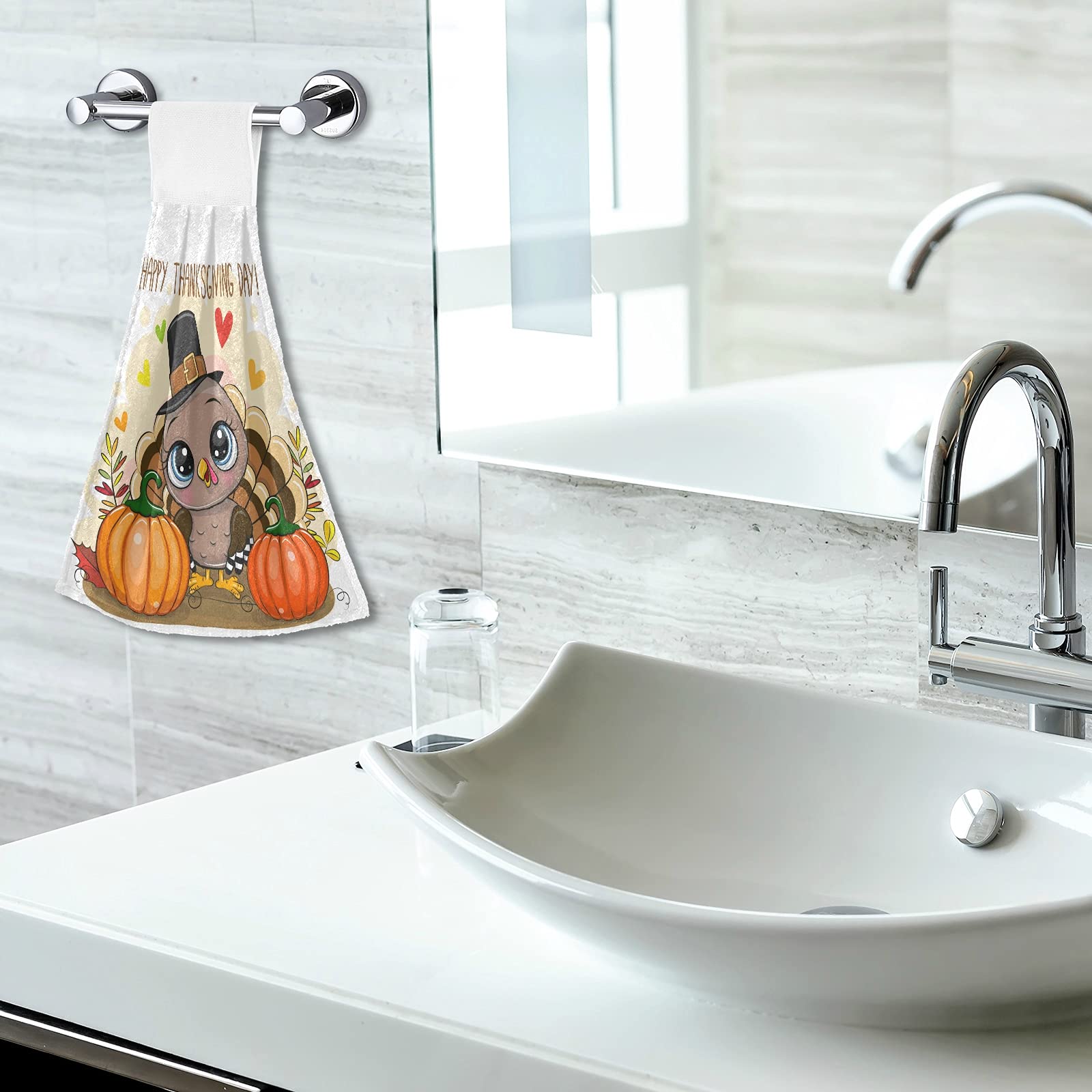 Thanksgiving Turkey Pumpkin Kitchen Hanging Towels - 2 Pack Autumn Maple Leaf Hand & Bath Towel Set - Soft Absorbent Dish Cloths for Tea Bar, Drying Dishes - Thin & Durable for Bathroom, Laundry Room Decor (Perfect for Fall Home Decor & Thanksgiving Hostess Gifts)