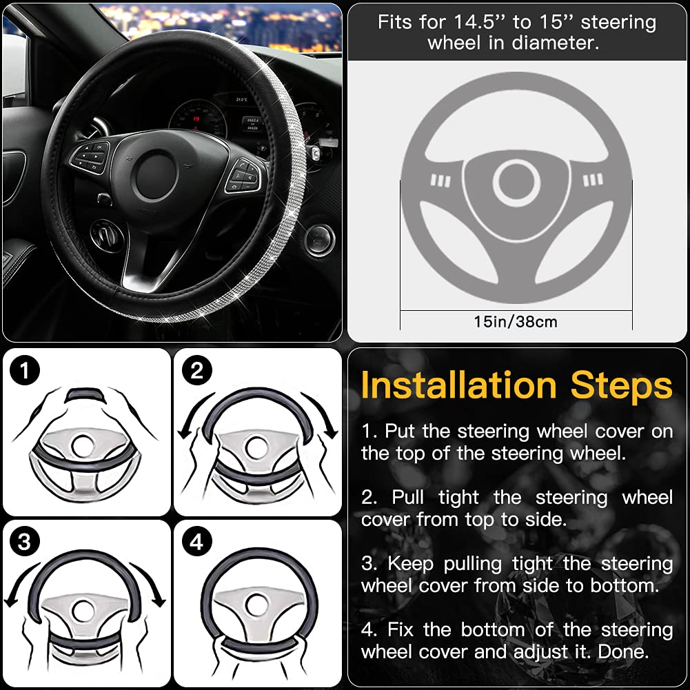 OTOSTAR Luxury Litchi Soft Leather Crystal Steering Wheel Cover - 15 Inch Bling Diamond Design (Black) with Silver Crystal License Plate Frame - Perfect for Car Interior Upgrade & Luxury Vehicle Accessories