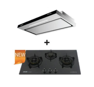 Ellane EH 2990 90cm Stainless Steel Slimline Range Hood + Ellane WG 830SV 87cm 3-Burner Glass Gas Cooktop with Safety Features - Perfect for Modern Kitchens and Home Cooking