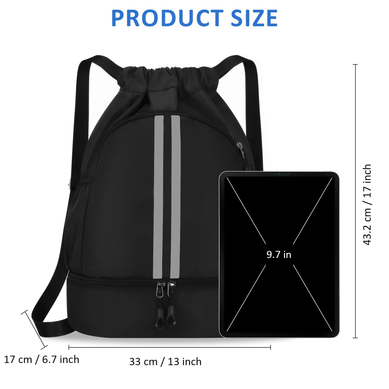 MEYDLL Gym Backpack - Large Capacity Waterproof Drawstring Bag with Reflective Stripes & Side Pockets for Men & Women - Perfect for Workout, Travel & Outdoor Sports