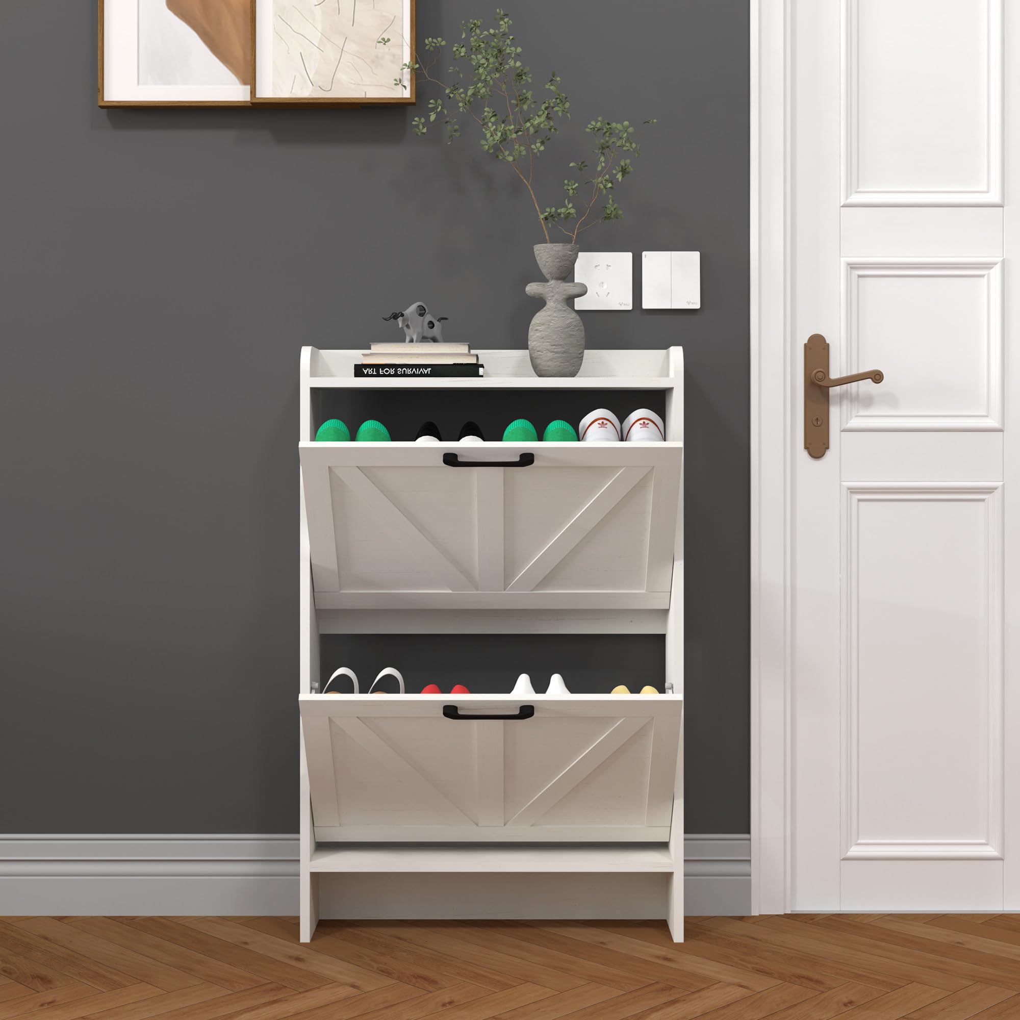 2-Tier Flip Drawer Shoe Storage Cabinet - Freestanding Entryway Organizer with Open Shelves & Legs, Narrow Oak White Shoe Rack for Hallway, Closet & Bedroom Organization
