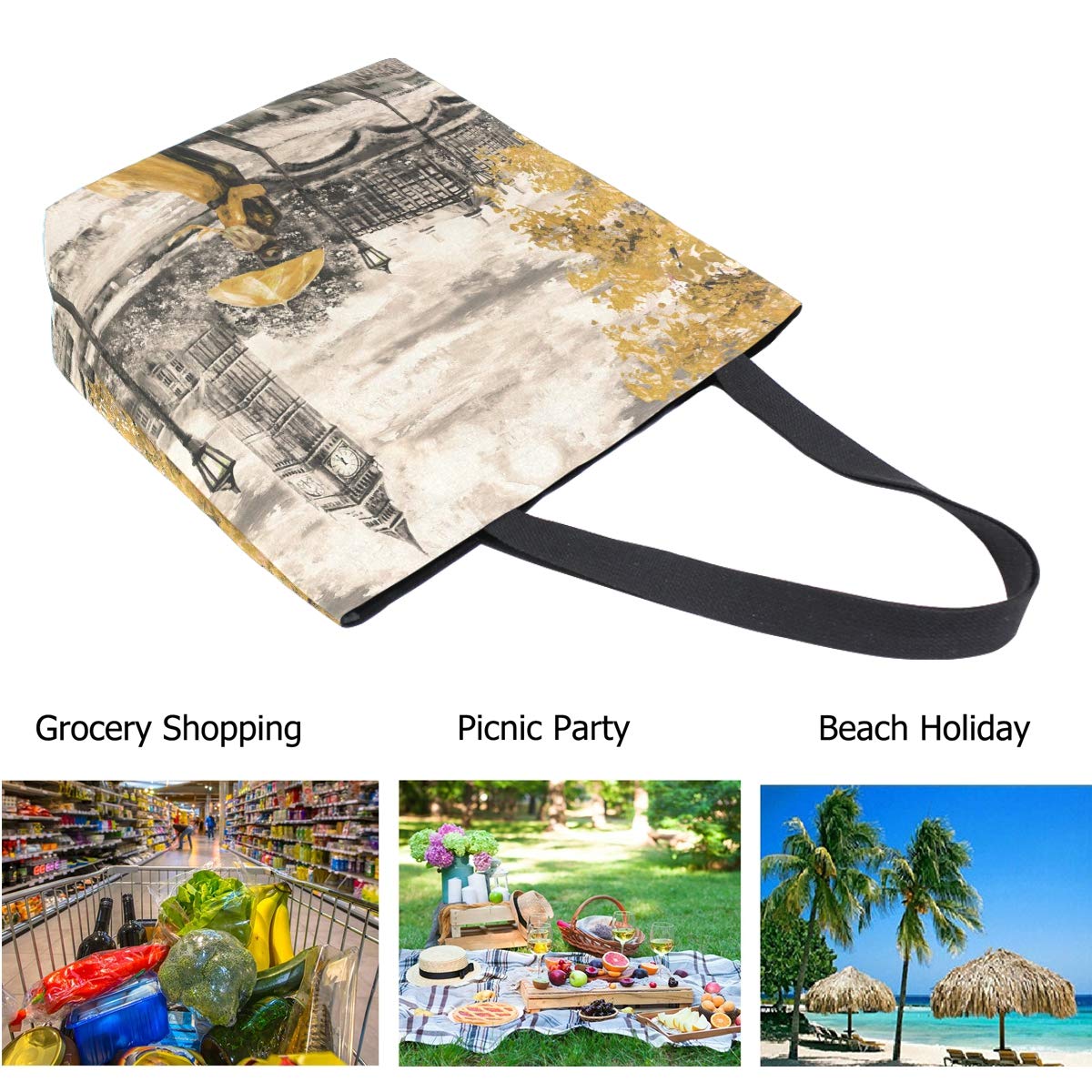London Big Ben Painting Print Extra Large Canvas Tote Bag - Stylish Reusable Grocery Shopping Bag for Beach, Travel & Market Use - Portable Storage Handbag for Women & Men