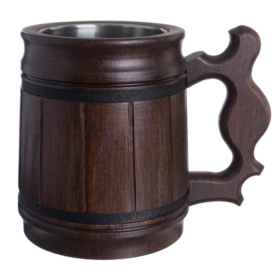 Set of 6 Handcrafted 10oz Beer Mugs - Stainless Steel & Wooden Beer Steins - Coffee Cups for Men - Unique Father's Day, Christmas & Birthday Gifts - Classic Brown - Perfect for Home Bars, BBQs & Man Cave Decor