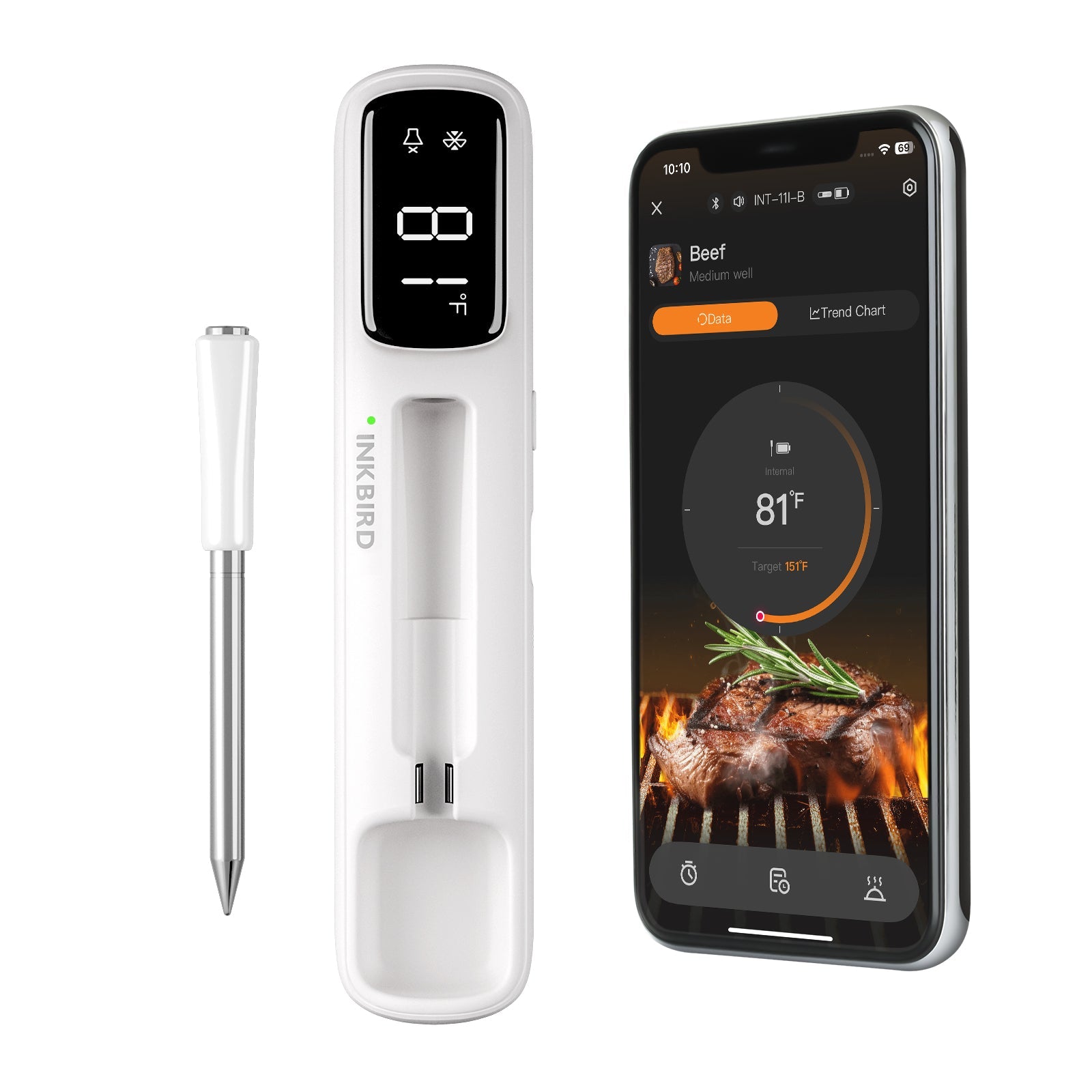 Bluetooth Mini Wireless Meat Thermometer - Digital Cooking Thermometer for Grilling, BBQ, Smoker & Kitchen - INT 11I B - Perfect for Steak, Chicken, Turkey & More