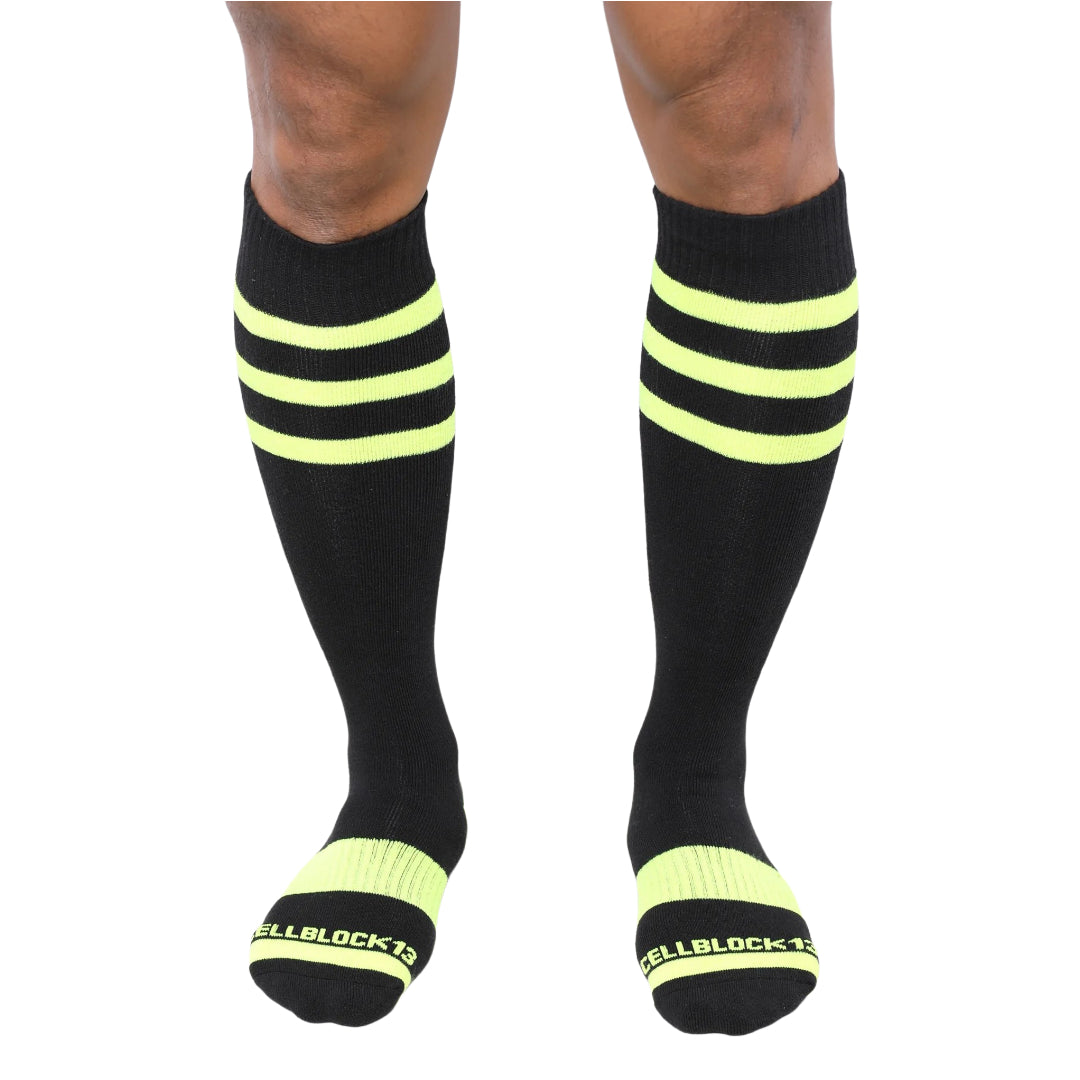 Cellblock 13 Linebacker Knee High Socks - Black/Neon Yellow for Football, Running & Sports Performance | Breathable Compression Socks for Athletes