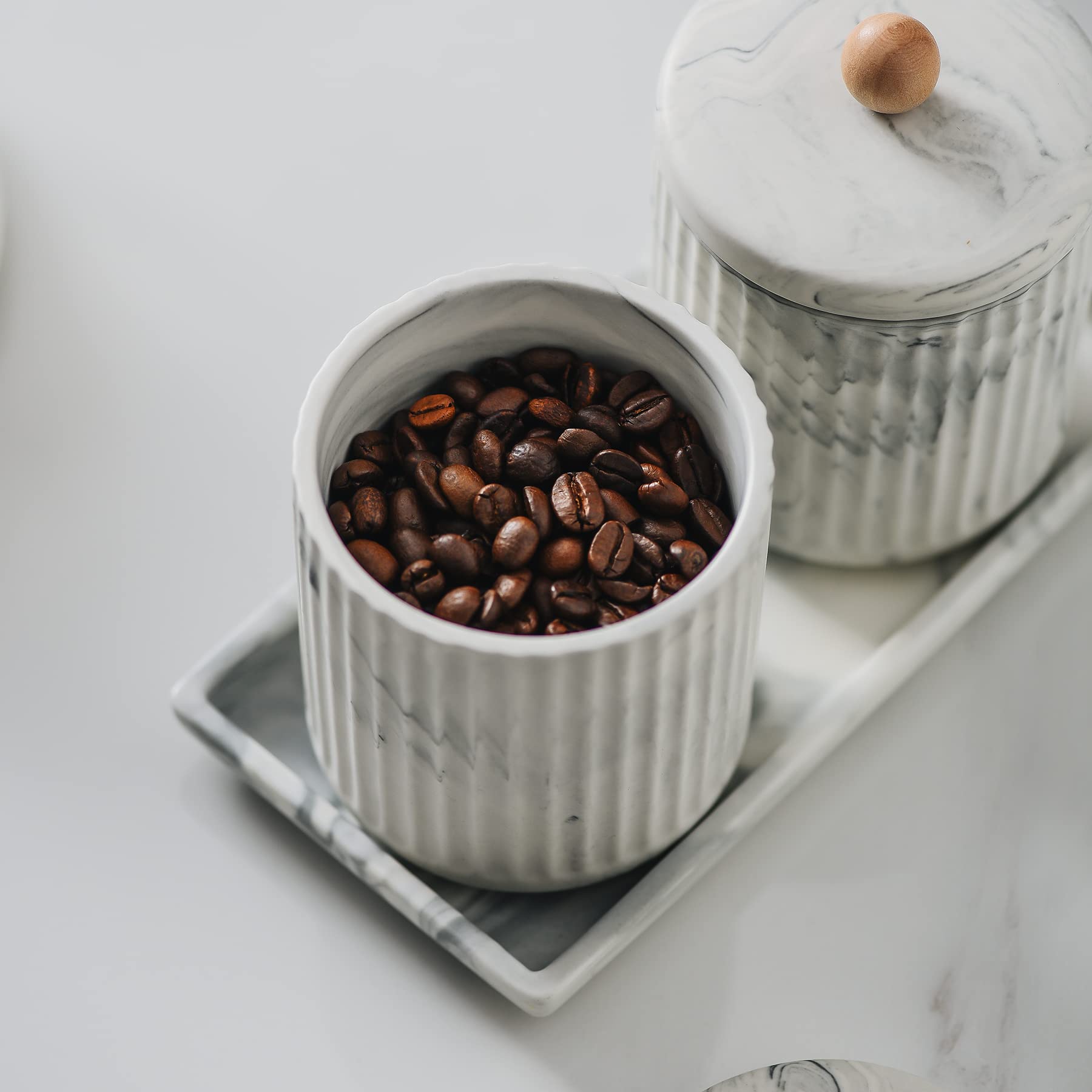 Marble Ceramic Cotton Swab Holder with Lid & Dresser Organizer Set - Small Bathroom Storage Jar for Cotton Balls, Q-Tips & Beauty Essentials | Perfect for Vanity, Bathroom Counter, Kitchen & Office Organization