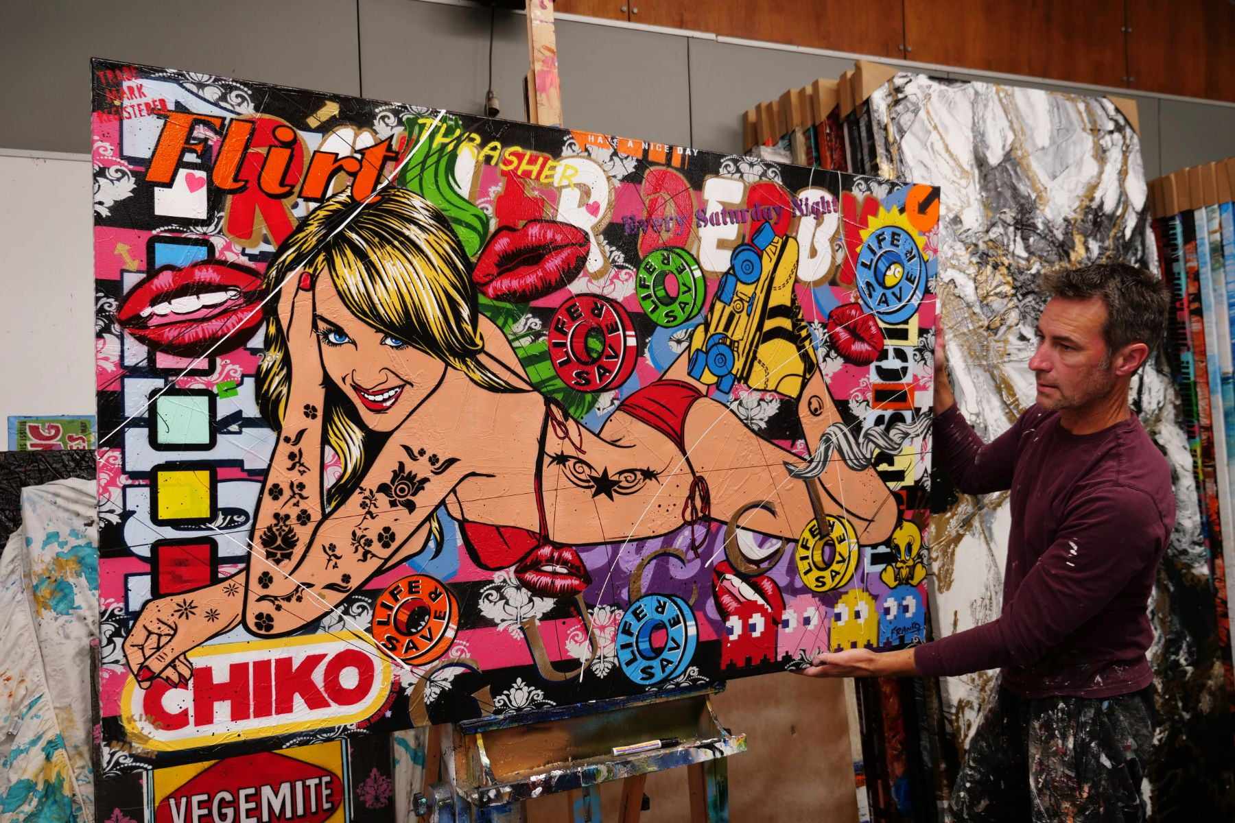 Saturday Night Roller Derby 160cm x 100cm Textured Urban Pop Art Canvas Painting - Modern Wall Decor for Living Room, Bedroom & Office