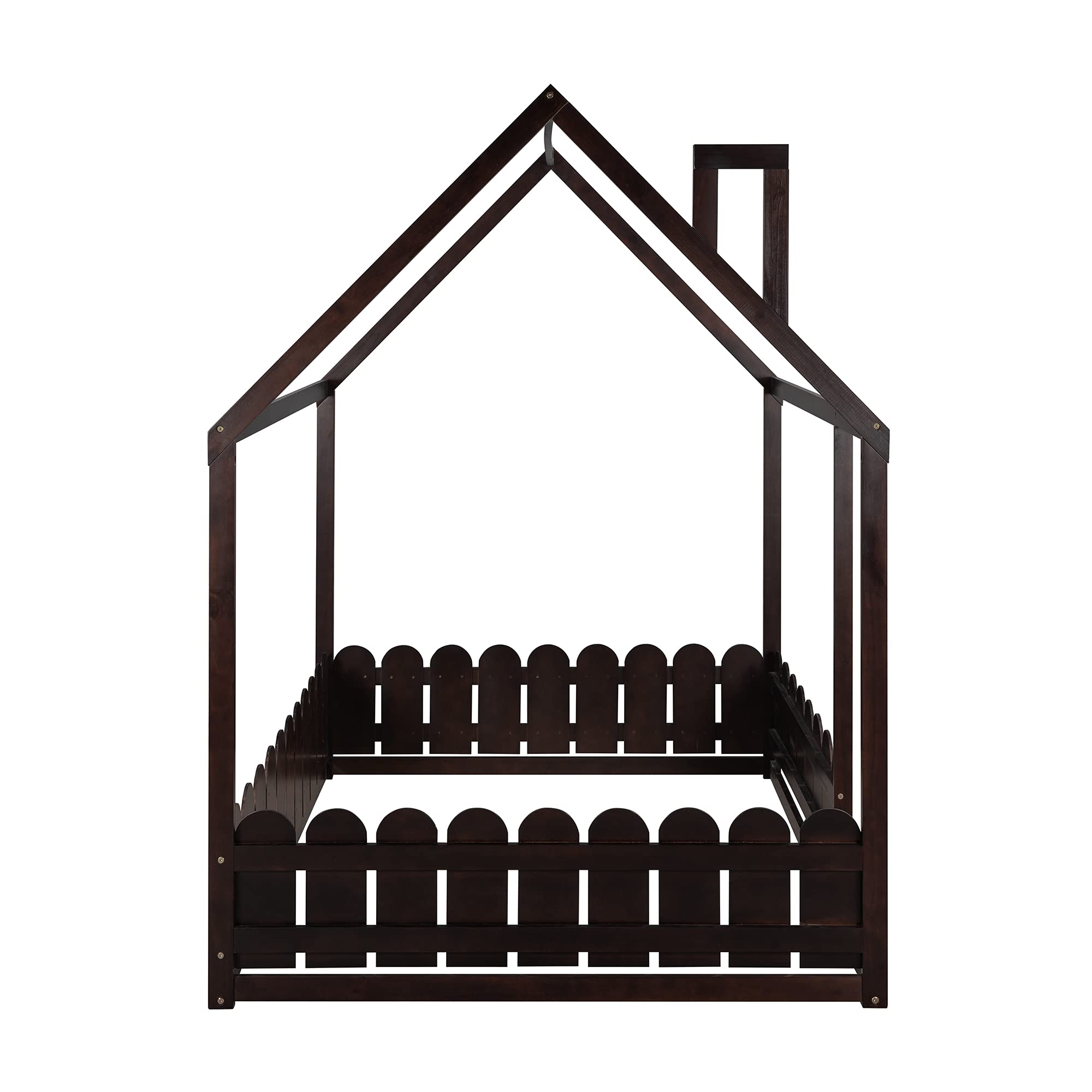 MERITLINE Wooden House Bed for Kids & Teens - Full Size Floor Bed with Roof & Fence, Montessori Cabin Bed for Toddlers - Perfect for Bedrooms, Playrooms & Montessori Learning Spaces (Espresso Finish)