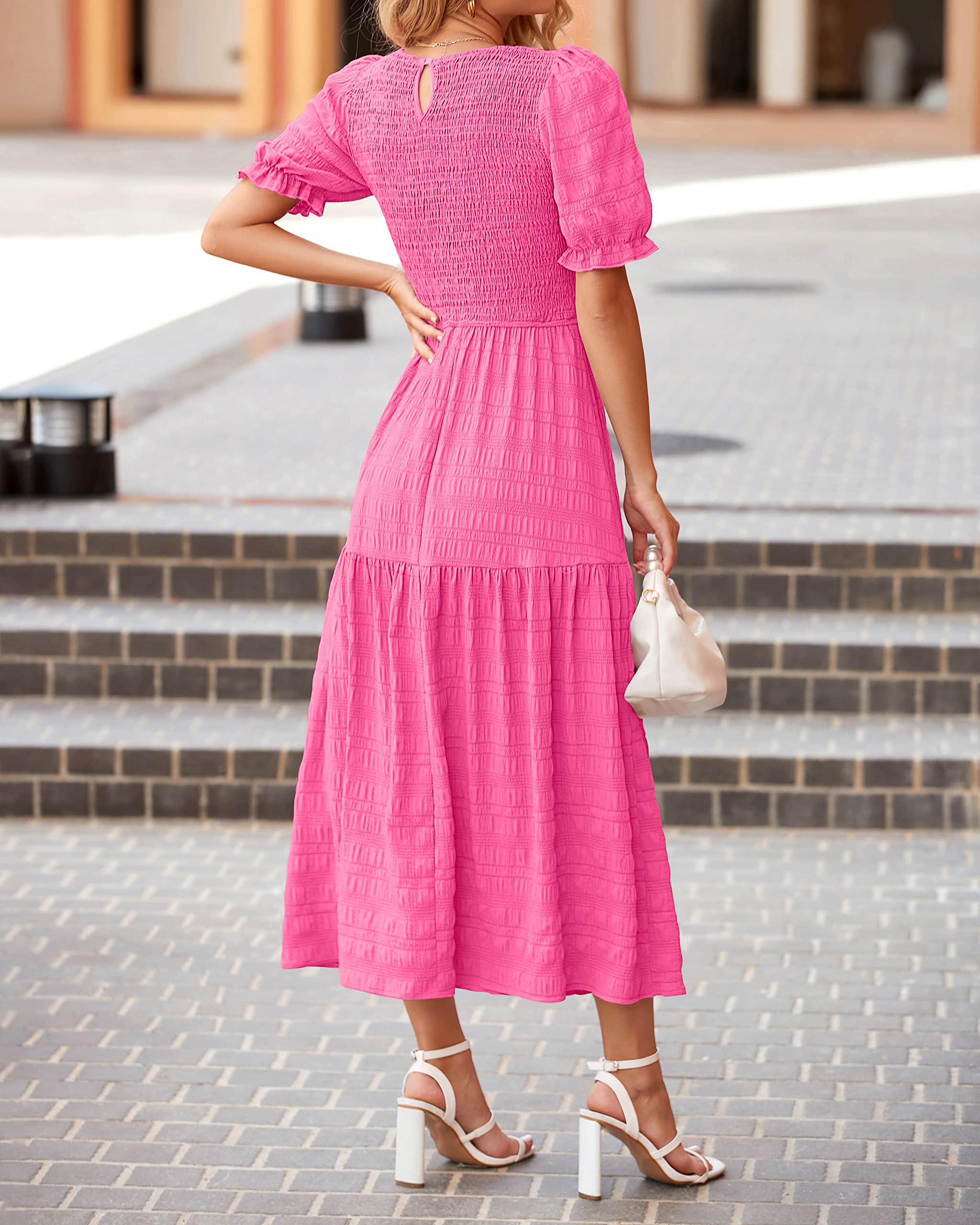 Dowerme Women's Summer Dresses 2025 - Casual Puff Short Sleeve Crewneck Smocked Flowy Ruffle Boho Maxi Sundress for Beach, Party & Vacation | Lightweight Comfortable Dress for Outdoor Activities