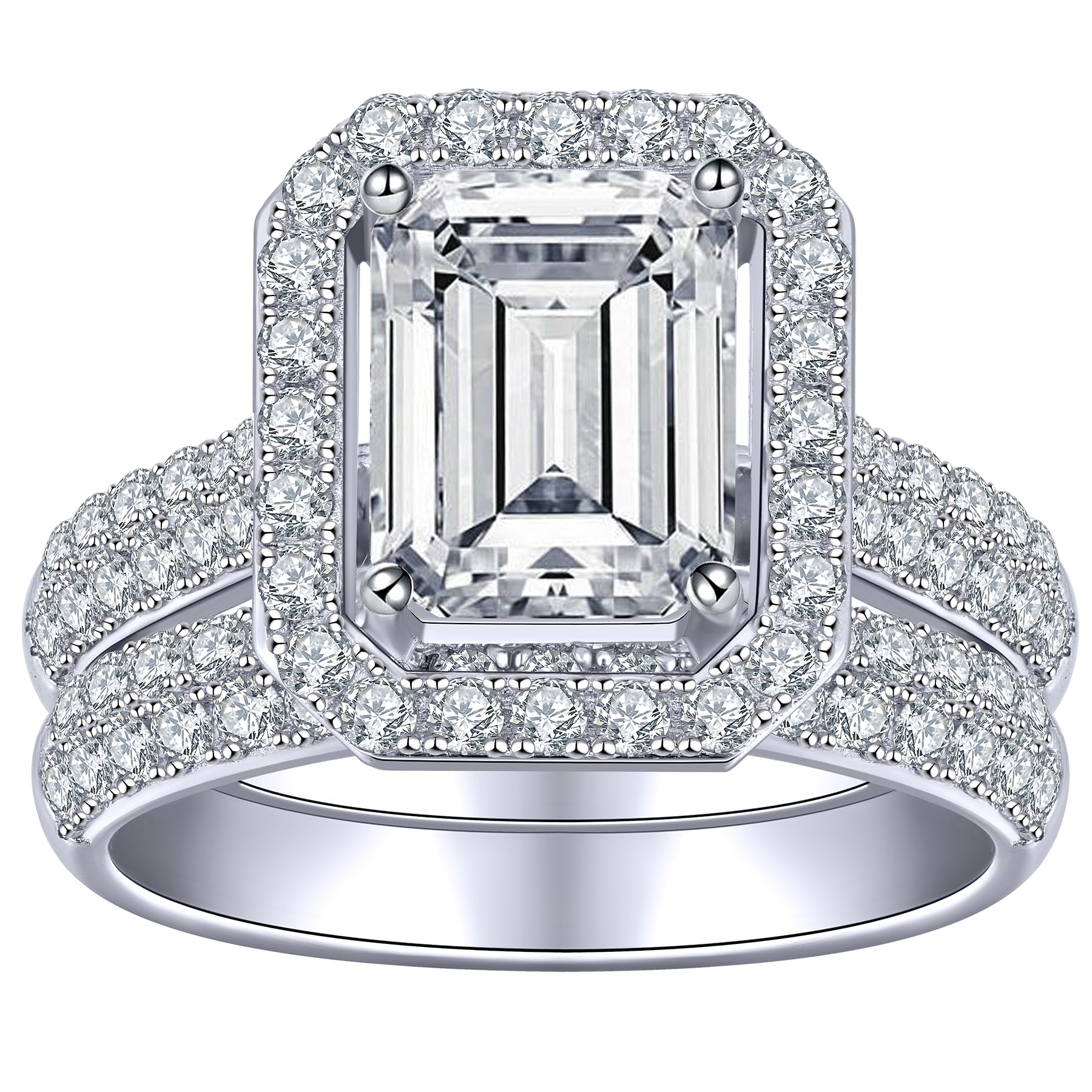 1.99-3.30 Carat Emerald Cut Moissanite Engagement Ring Set for Women - D Color VVS1 Clarity, S925 Sterling Silver with 18K White Gold Plated Wedding Band - Perfect for Proposals, Anniversaries & Bridal Jewelry Gifts