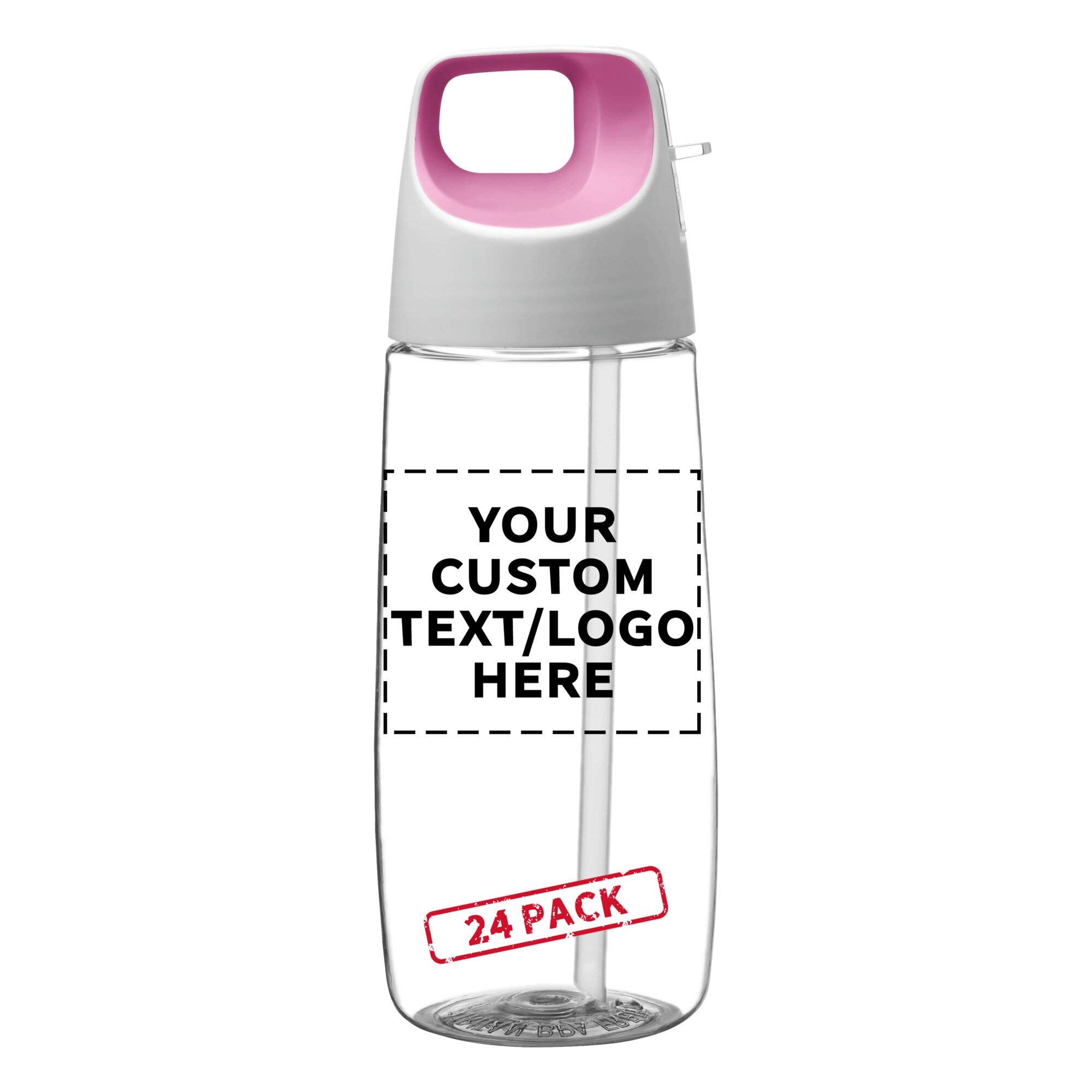24 Pack 27 oz Plastic Water Bottles with Straw - Customizable Text & Logo - BPA Free Tritan Material - Accent Cube Design in Pink - Perfect for Schools, Gyms, Offices and Outdoor Activities