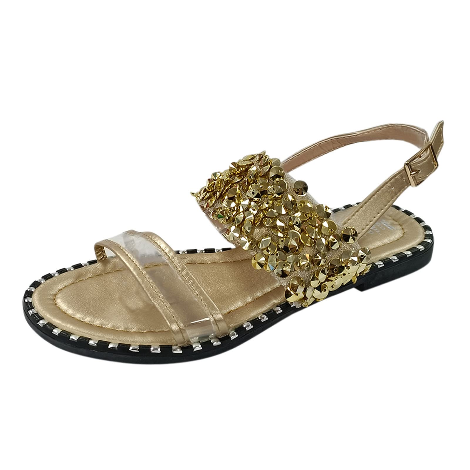 Women's Retro Crystal Buckle Flat Sandals - Black Size 9 | Comfortable Summer Fashion Footwear for Beach, Vacation & Casual Outings