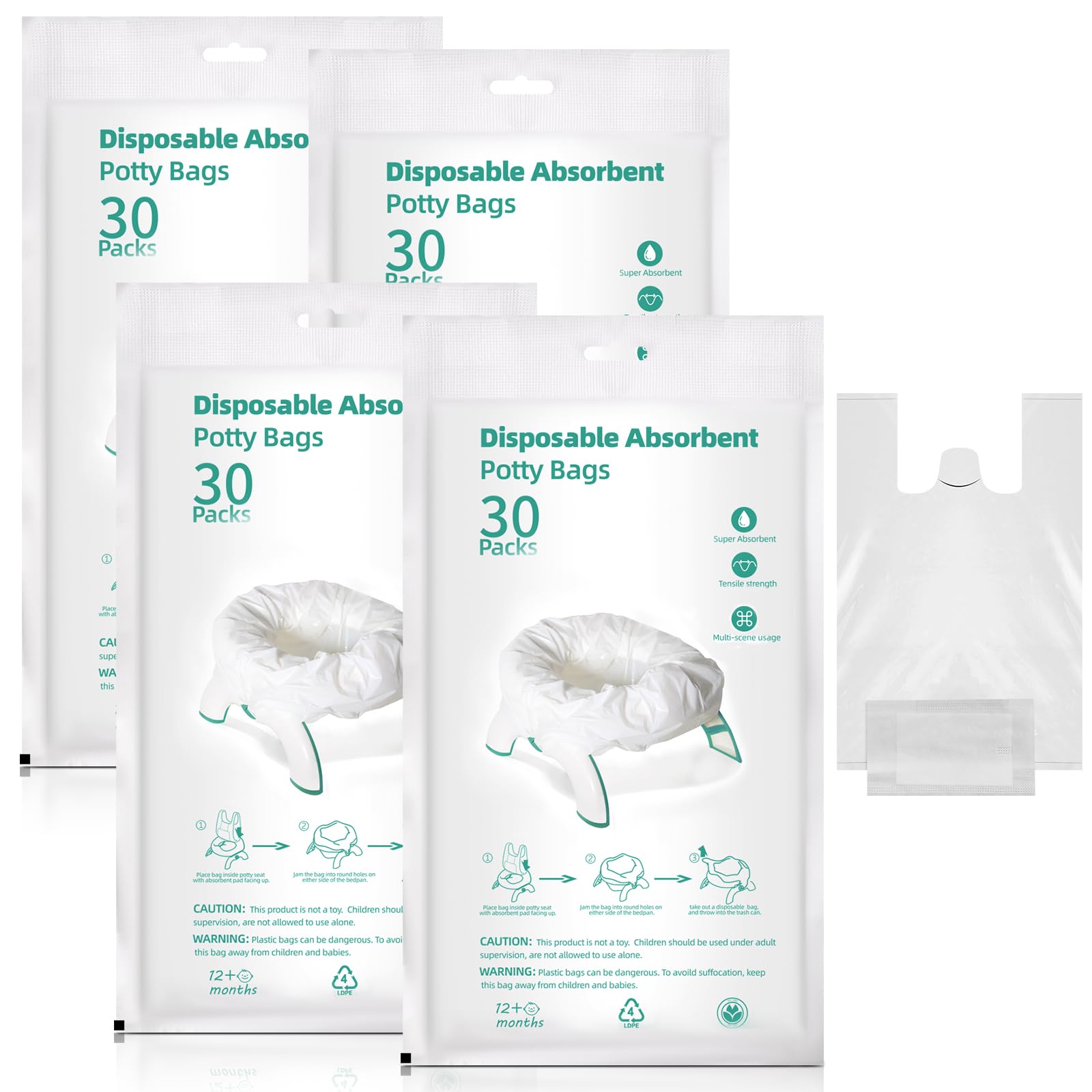 120 Pcs Disposable Travel Potty Bags with Absorbent Pads - Portable Car Potty Liners for Toddlers, Fits Most Potty Chairs - Ideal for Road Trips, Camping & Emergency Use