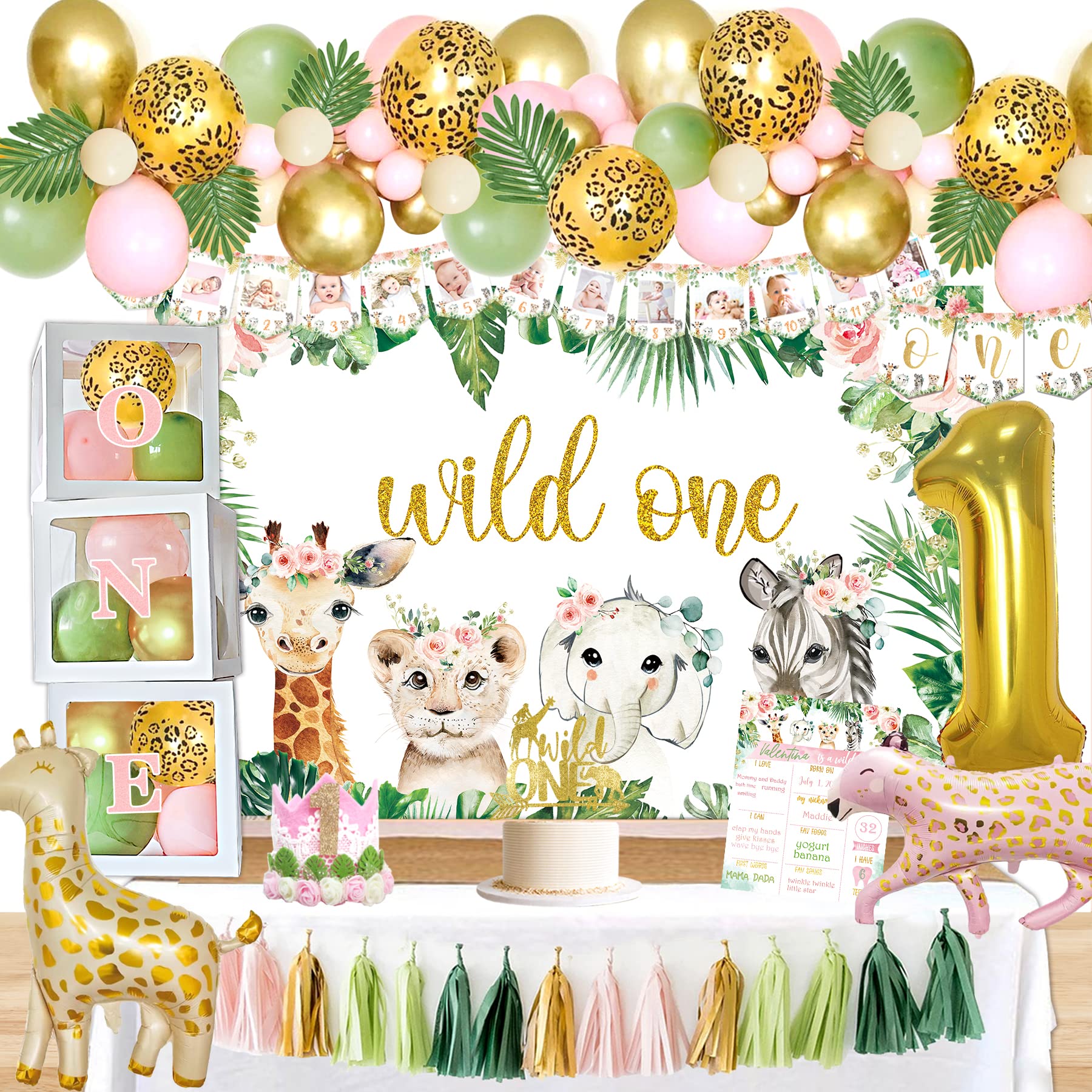 Wild One Birthday Party Decorations for Girls - Jungle Safari Animal Theme 1st Birthday Supplies Kit - Perfect for Baby Girl's First Birthday, Baby Shower & Gender Reveal Parties