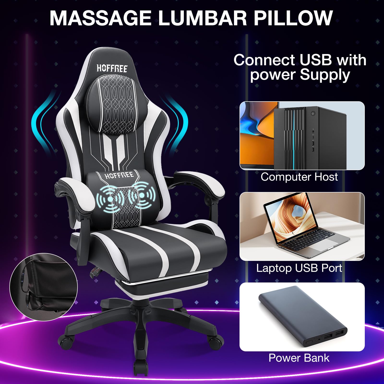HOFFREE Ergonomic Gaming Chair with Built-in Bluetooth Speakers & Massage Function - Big and Tall Computer Chair with Adjustable Footrest, 400lbs Weight Capacity - White & Black - Perfect for PC Gaming, Home Office & Streaming Setup