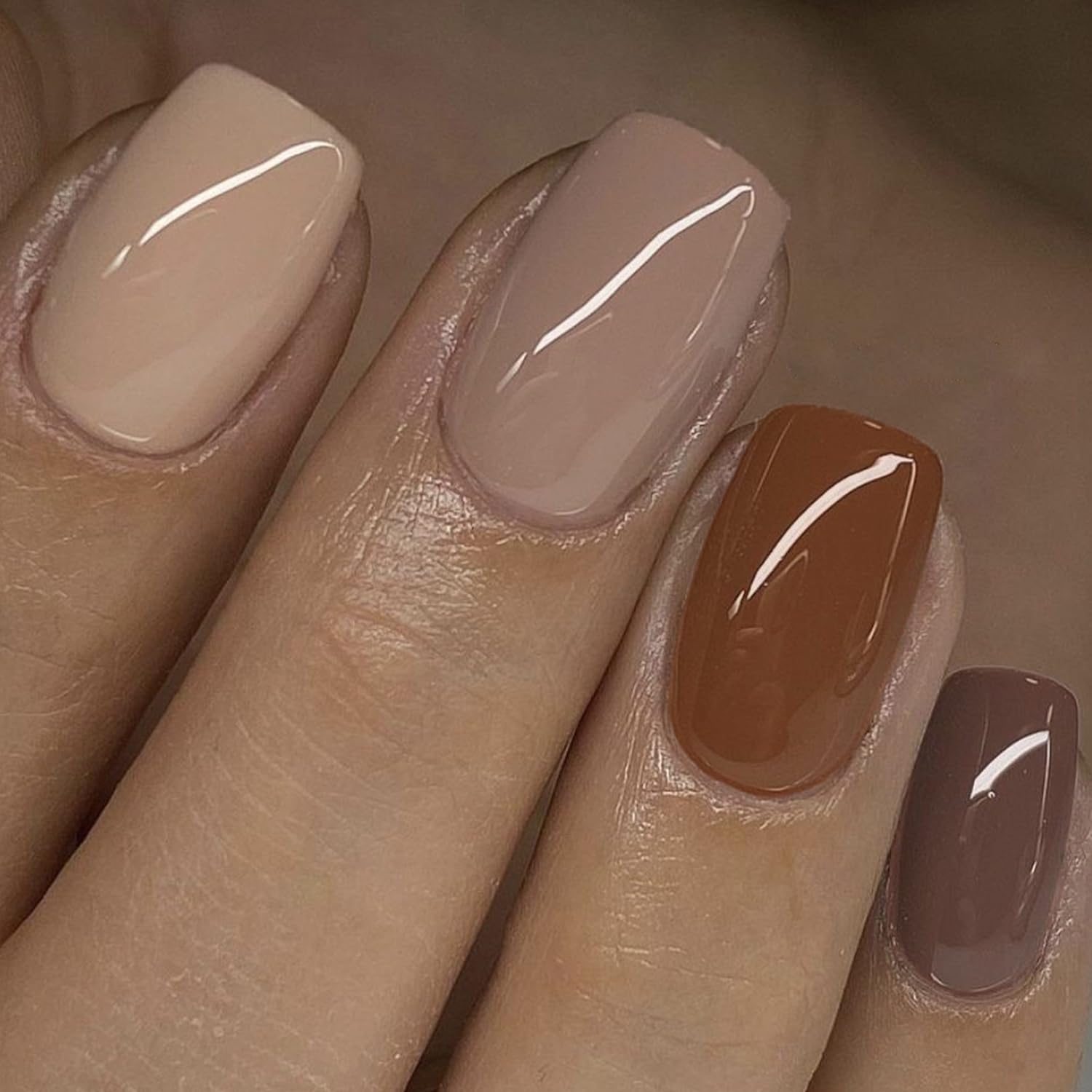 GLAMERMAID Brown Press on Nails - Medium Square Fall Jump Color | Handmade Soft Gel Fake Nails Short | Glossy Glue on Nails Kit for Women | Reusable Acrylic Stick on Nails | Perfect for Autumn Parties, Weddings & Daily Wear