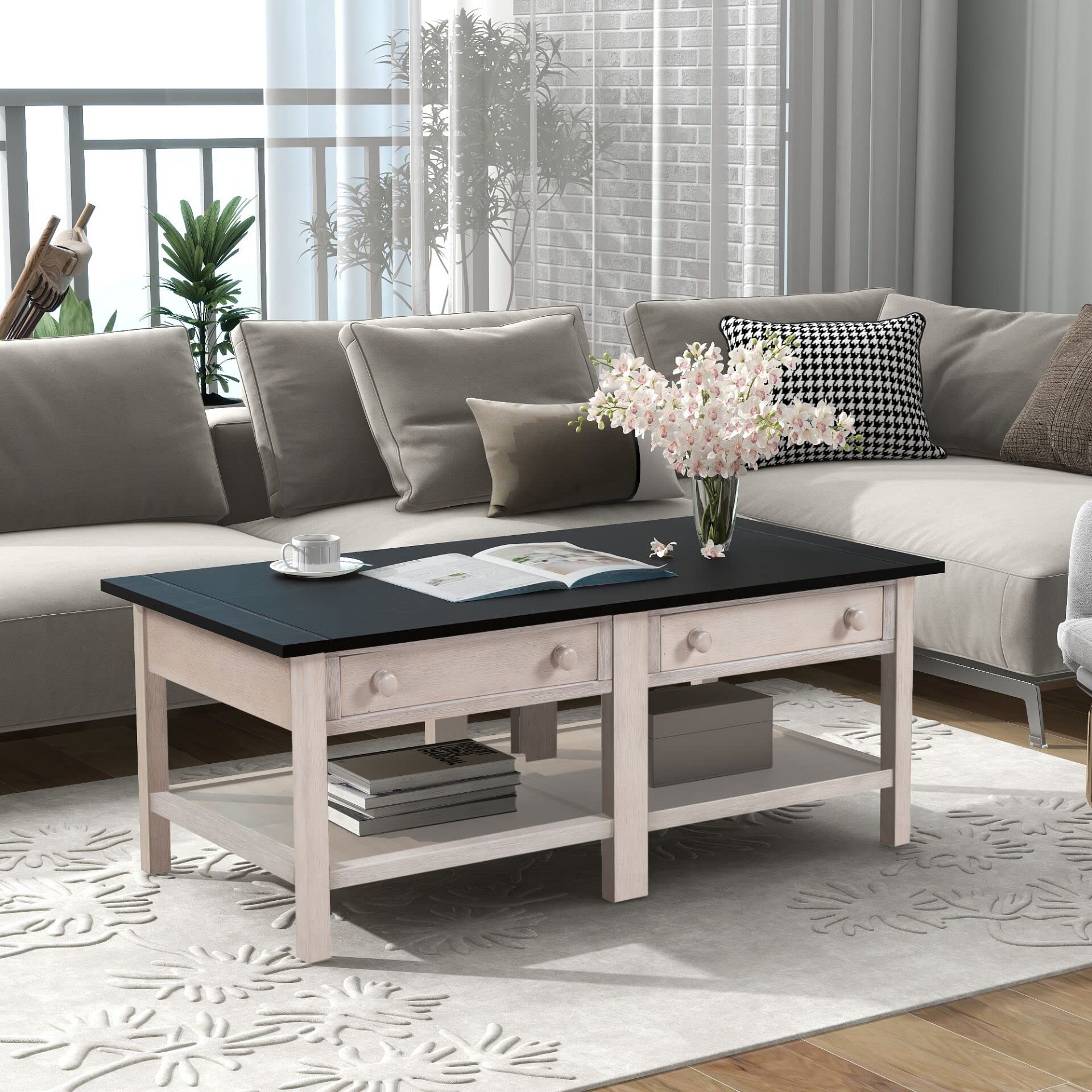Solid Wood Coffee Table with 2 Drawers & Open Shelf - Large Storage, Classic American Style Cocktail Table for Living Room, Office, or Lounge (Espresso & White Finish) - Perfect for Entertaining Guests, Holding Drinks & Displaying Decor