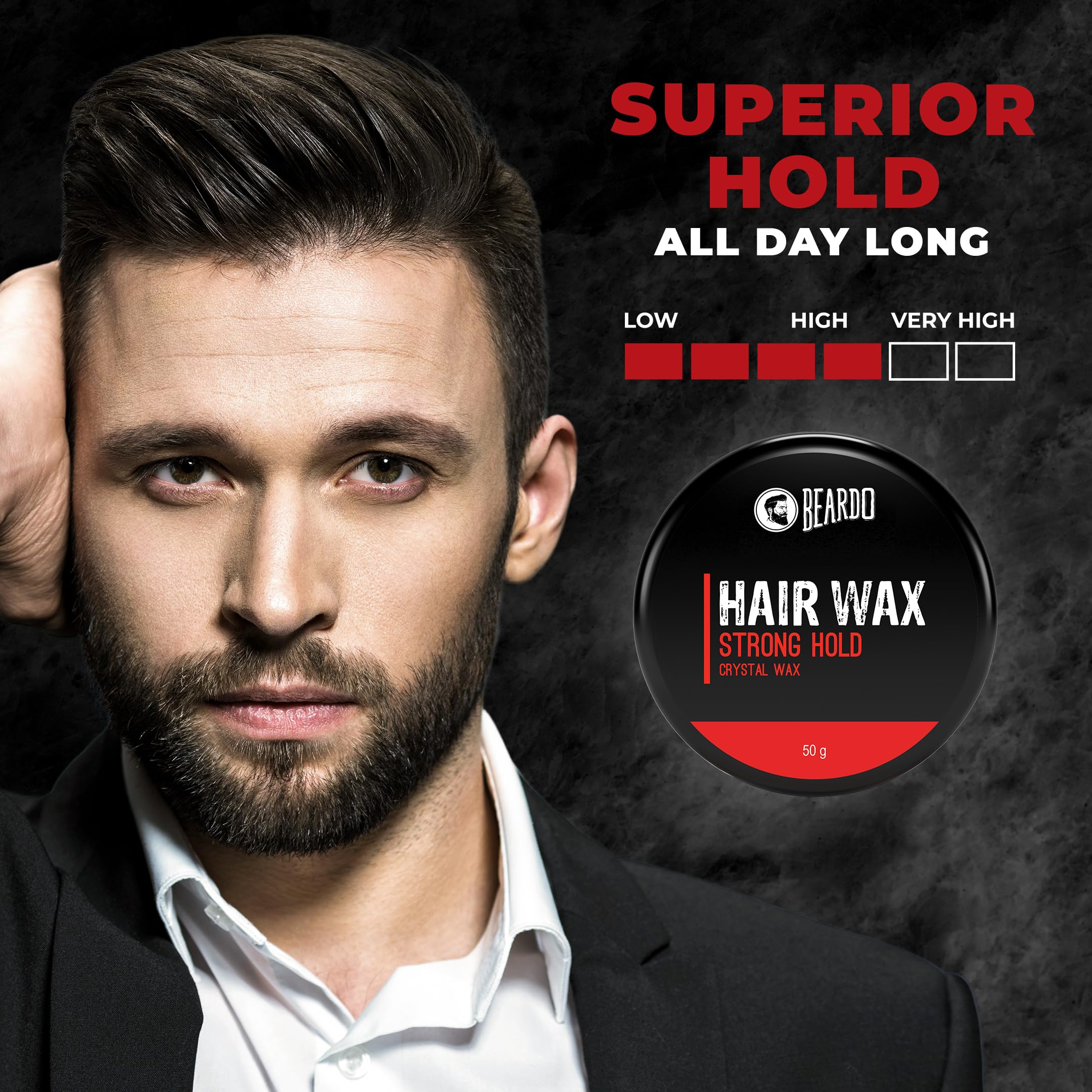 Beardo Stronghold Hair Wax For Men - 50gm | Natural Aloe Vera & Castor Oil Hair Styling Wax | Strong Hold with Glossy Shine Finish | Perfect for Daily Styling, Parties & Professional Looks