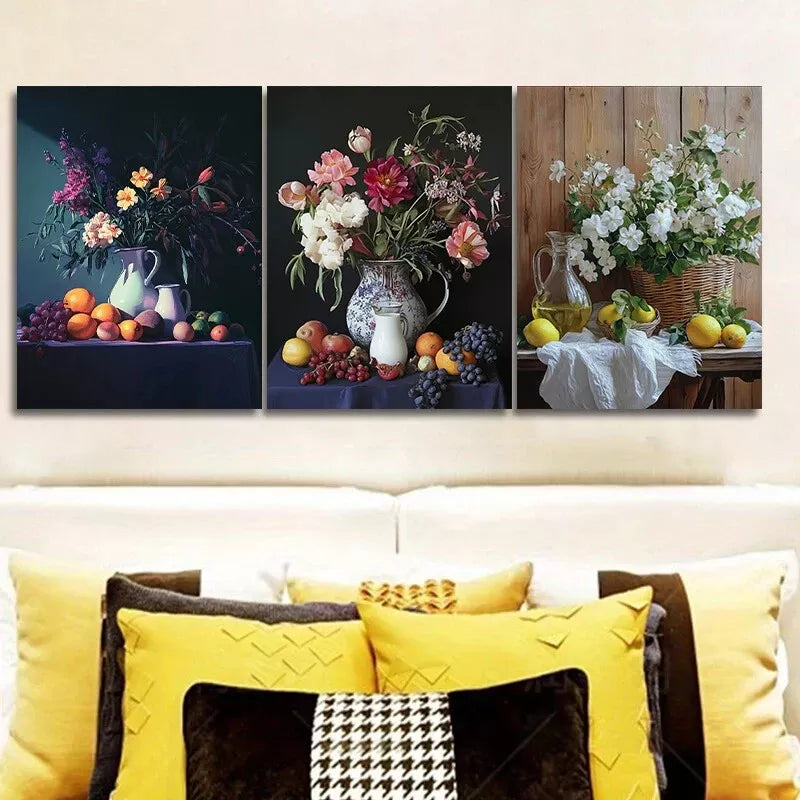 3-Piece Art Deco Wall Art Set - Fruit, Flowers & Jug Prints on High Quality Framed Canvas 40x60cm | Australian Made | Ready to Hang for Living Room, Bedroom & Office Decor