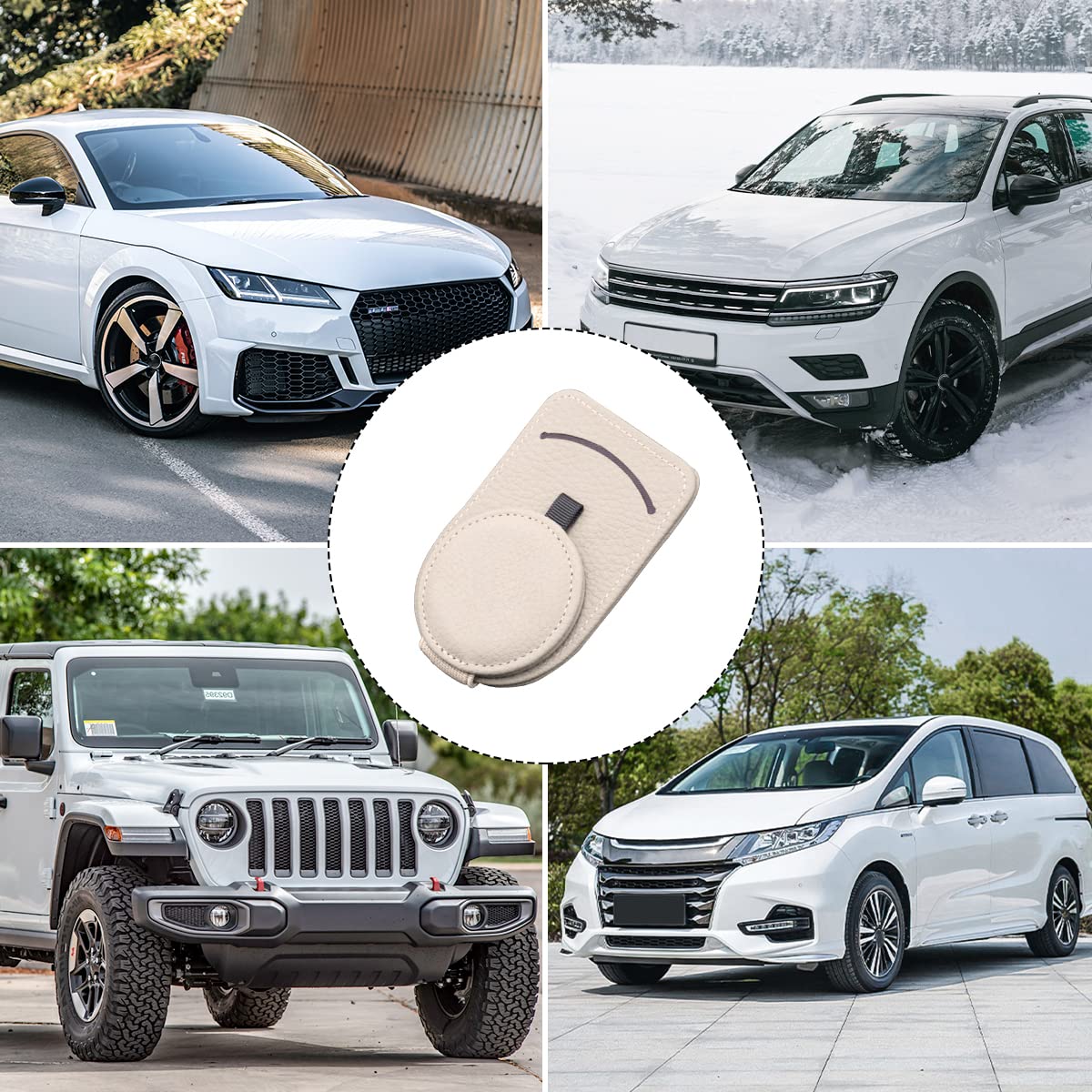 Fekey&JF Magnetic Leather Car Sunglass Holder - Strong Magnet Clip for Sun Visor, Eyeglasses Storage Mount for Cards & Accessories (Beige) | Perfect for Driving, Travel & Organizing Glasses in Vehicle