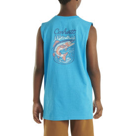 Youth Boys Sleeveless Fish Print T-Shirt - Blue Danube Color - Perfect for Summer Sports & Outdoor Activities