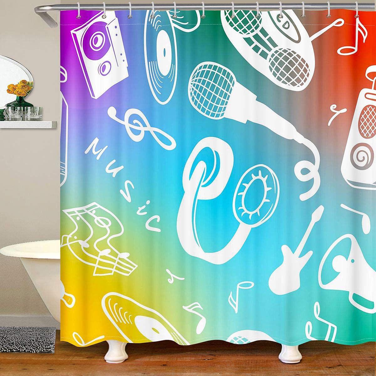 Waterproof Rock Music Themed Shower Curtain - 72x72 Inches Guitar Microphone Piano Note Print Bathroom Decor for Boys & Girls | Perfect for Music Lovers' Bathrooms & Rock-Themed Home Decor