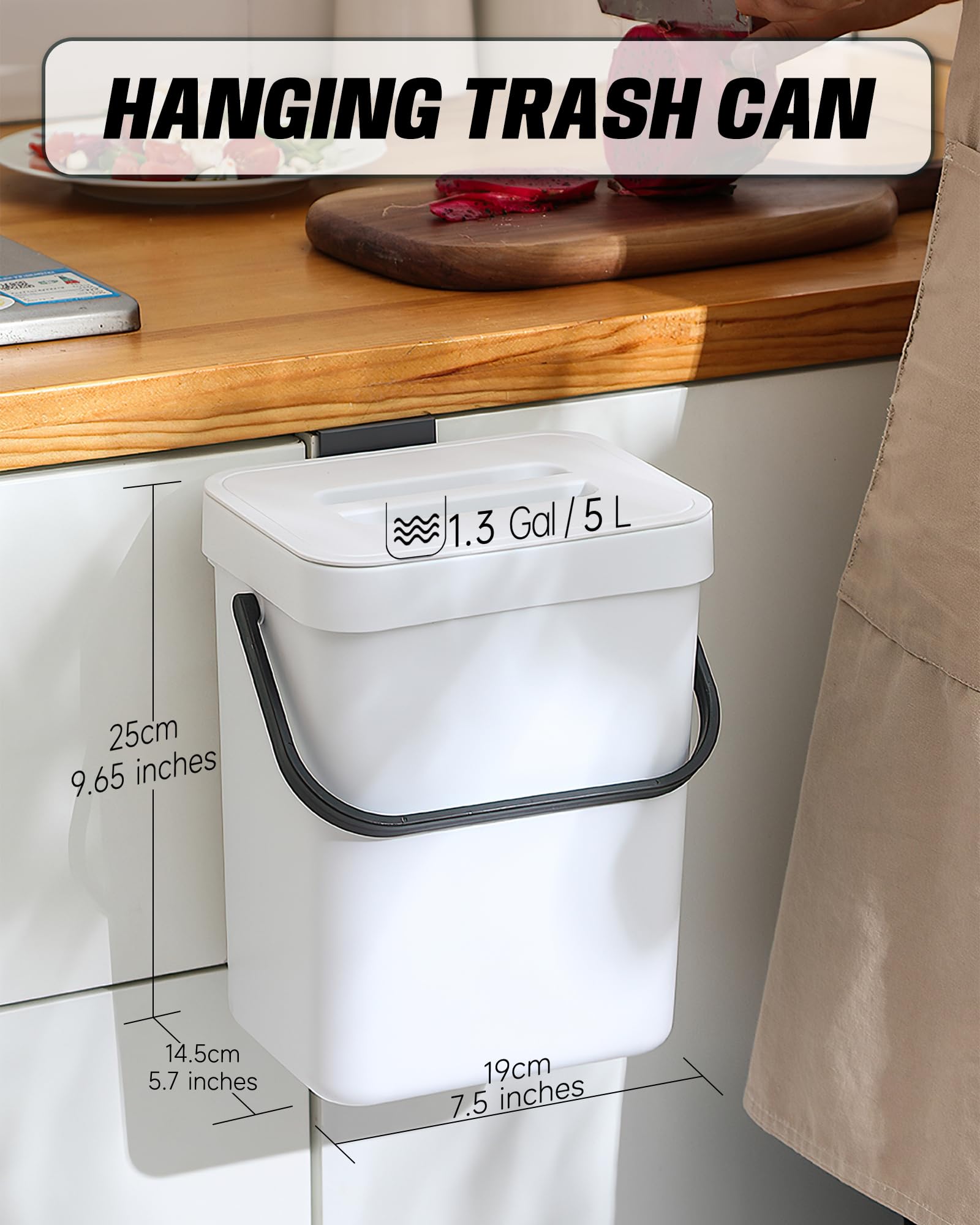 Eco-Friendly Indoor Compost Bin - 1.3 Gallon (5L) Hanging Small Trash Can with Lid for Kitchen & Bathroom, Under Sink Waste Basket, Countertop Compost Bucket - Perfect for Organic Waste Recycling, Food Scraps Collection & Sustainable Living (White)