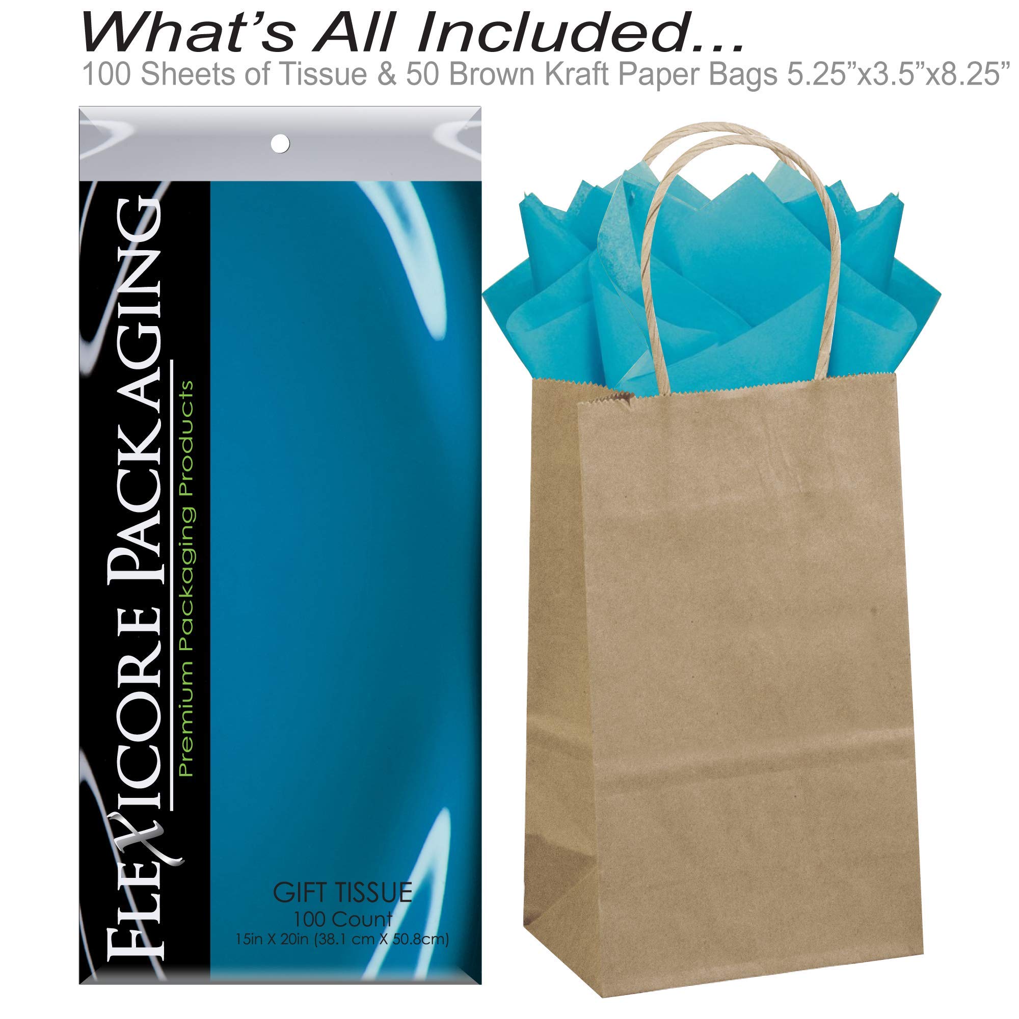 Natural Brown Kraft Paper Gift Bags 50ct + 100ct Turquoise Teal Gift Tissue Paper Set - Eco-Friendly Party Favor Packaging for Weddings, Birthdays & Baby Showers