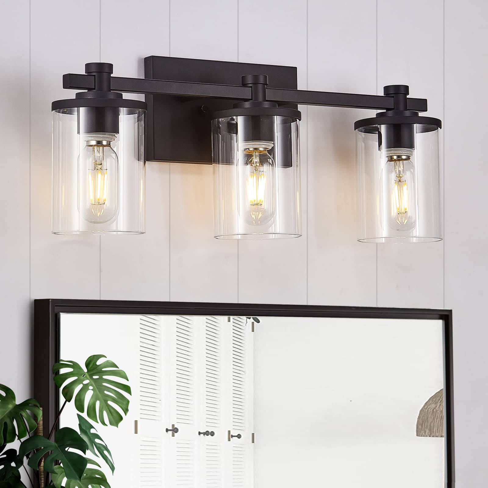 Vintage Black 3-Light Bathroom Vanity Light Fixture with Clear Glass Shade - Modern Wall Sconce for Bathroom, Living Room, Hallway & Bedroom | Perfect for Vanity Mirror Lighting, Hallway Accent & Bedroom Ambience