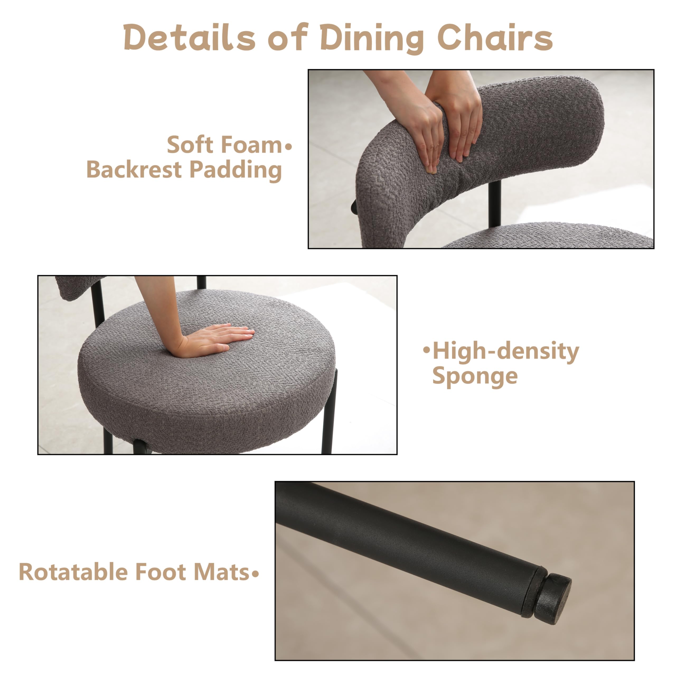 Dark Grey Upholstered Boucle Dining Chairs Set of 4 - Mid-Century Modern Round Kitchen Chairs with Curved Backrest & Black Metal Legs for Dining Room, Restaurant, or Cafe