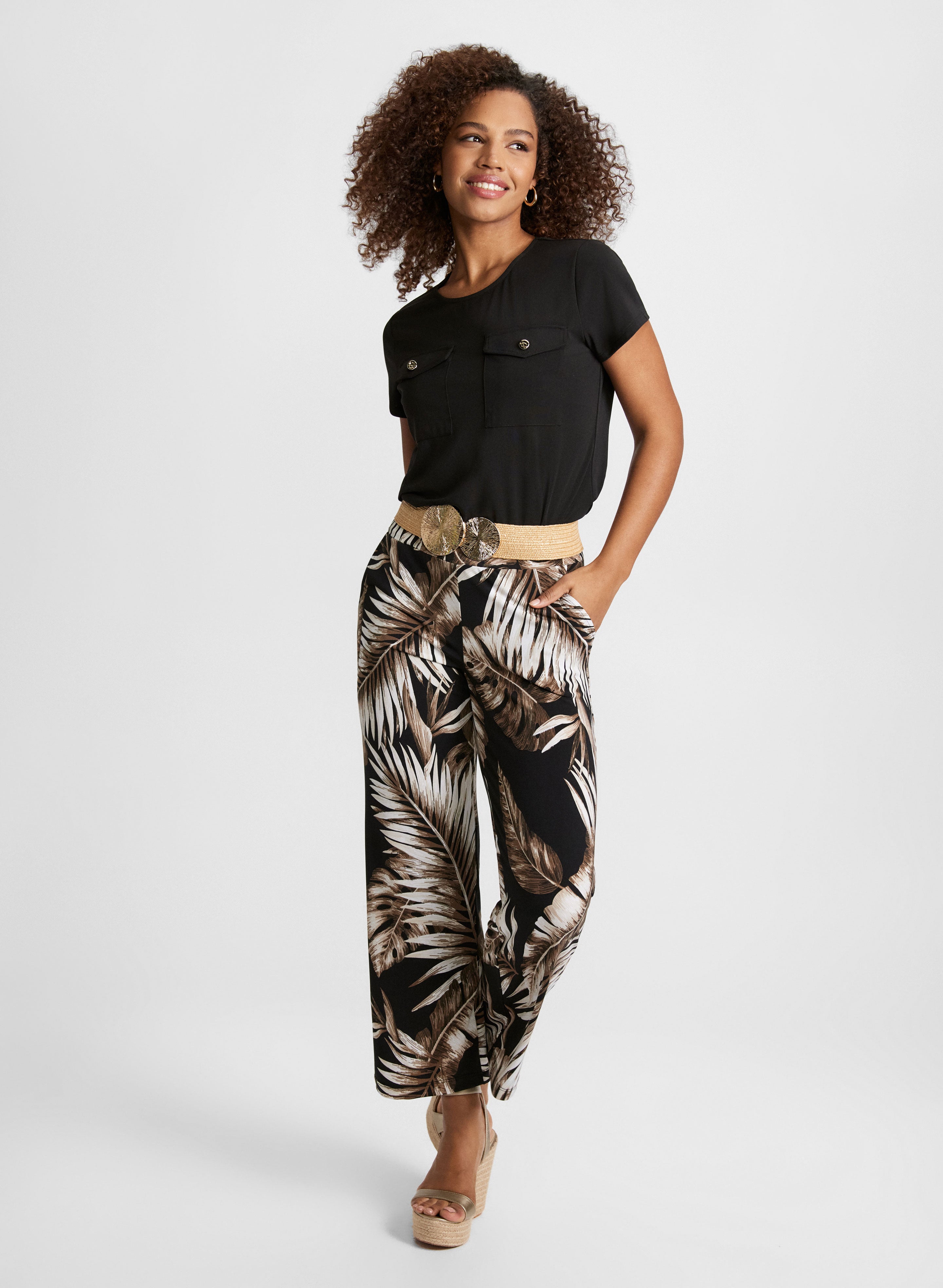 Flap Pocket Blouse & Tropical Print Wide Leg Pants Set - Women's Casual Summer Outfit for Beach Vacation & Boho Style Fashion