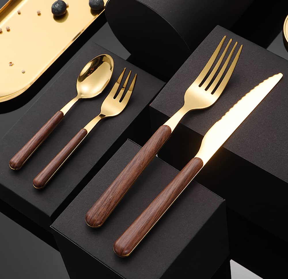 32-Piece Gold Silverware Set for 8 People - Stainless Steel Flatware Set with Wooden Handles (8 Forks, 8 Knives, 8 Spoons, 8 Teaspoons) - Mirror Polished Modern Dining Utensils - Perfect for Wedding Gifts, Family Dinners, Restaurant Use & Everyday Dining