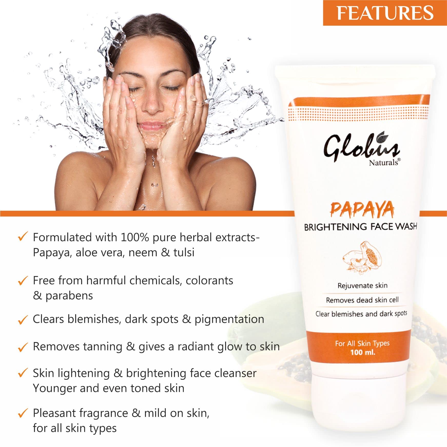 Globus Naturals Tan Removal Combo - Papaya Face Wash & Face Pack (100gm Each) for Brightening & Exfoliation | Perfect for Daily Skincare & Sun Damage Repair