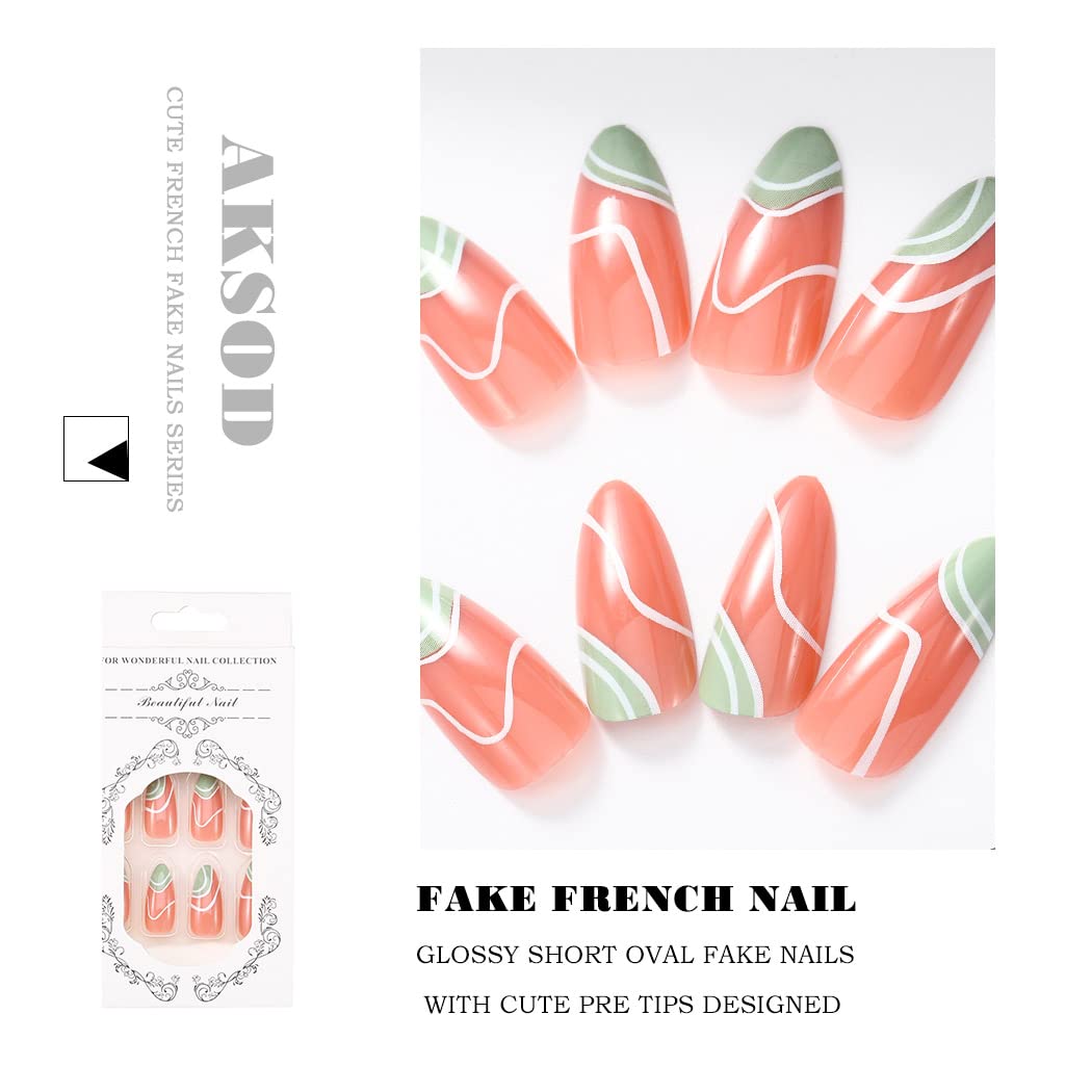Glossy Almond Press on French Nails - Pink Short Abstract Line Fake Nails with Full Cover - 24Pcs Artificial False Nails Tips for Women and Girls - Perfect for Parties, Weddings, and Daily Wear
