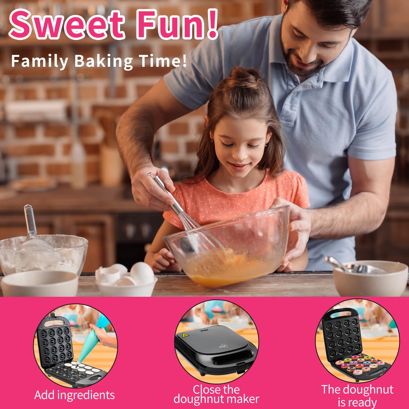 Mini Donut Maker Machine - Non-Stick Surface, Makes 16 Doughnuts | Perfect for Kids Breakfast, Snacks, Desserts & Baking Gifts | Great for Family Fun, Birthday Parties & Holiday Treats