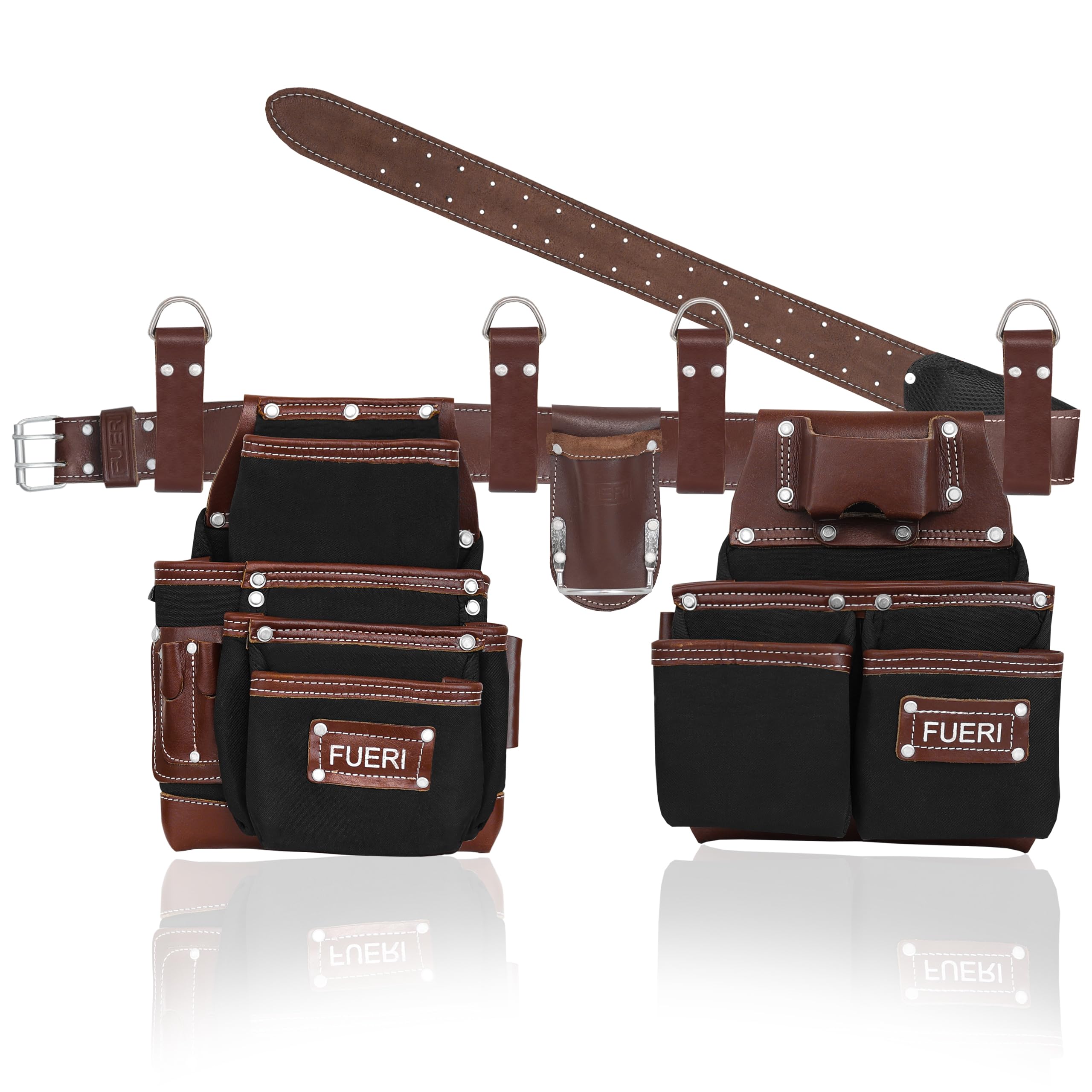 FUERI Heavy Duty Nylon & Leather Tool Belt for Men - Carpenter, Electrician, Construction Work Belt with Multiple Pouches & Organizer (Black/Brown) - Perfect for Framing, Renovation & DIY Projects