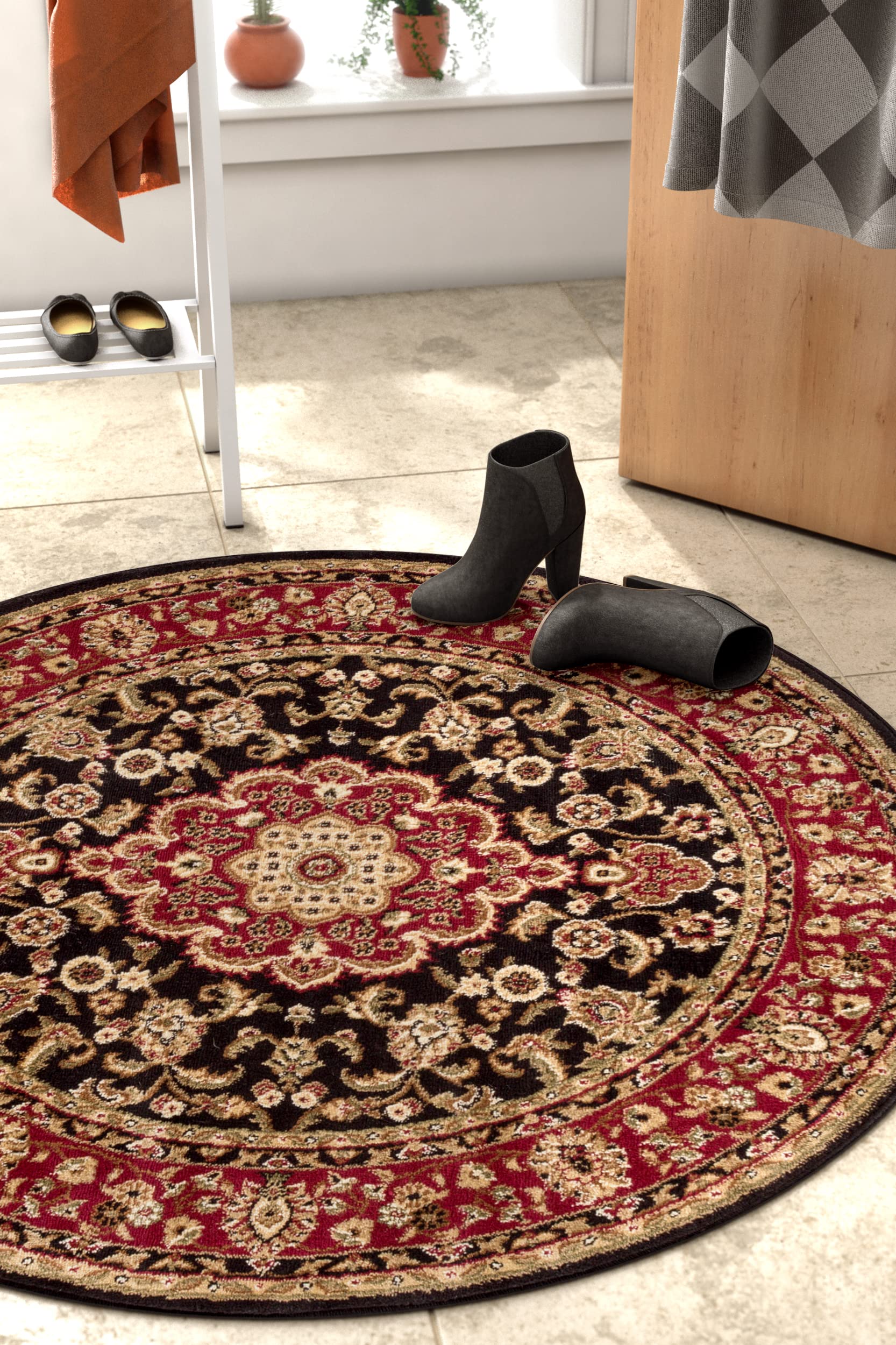 Well Woven Barclay Collection Medallion Kashan Black 8 ft Round Area Rug - Non-Slip Soft Living Room Carpet, Bedroom Floor Mat, Dining Room Decor for Home & Office