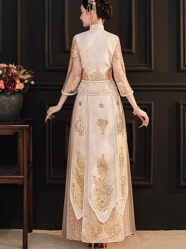 Champagne Embroidered Wedding Qipao Dress - Elegant Summer Bridal Gown for Chinese Tea Ceremony & Reception