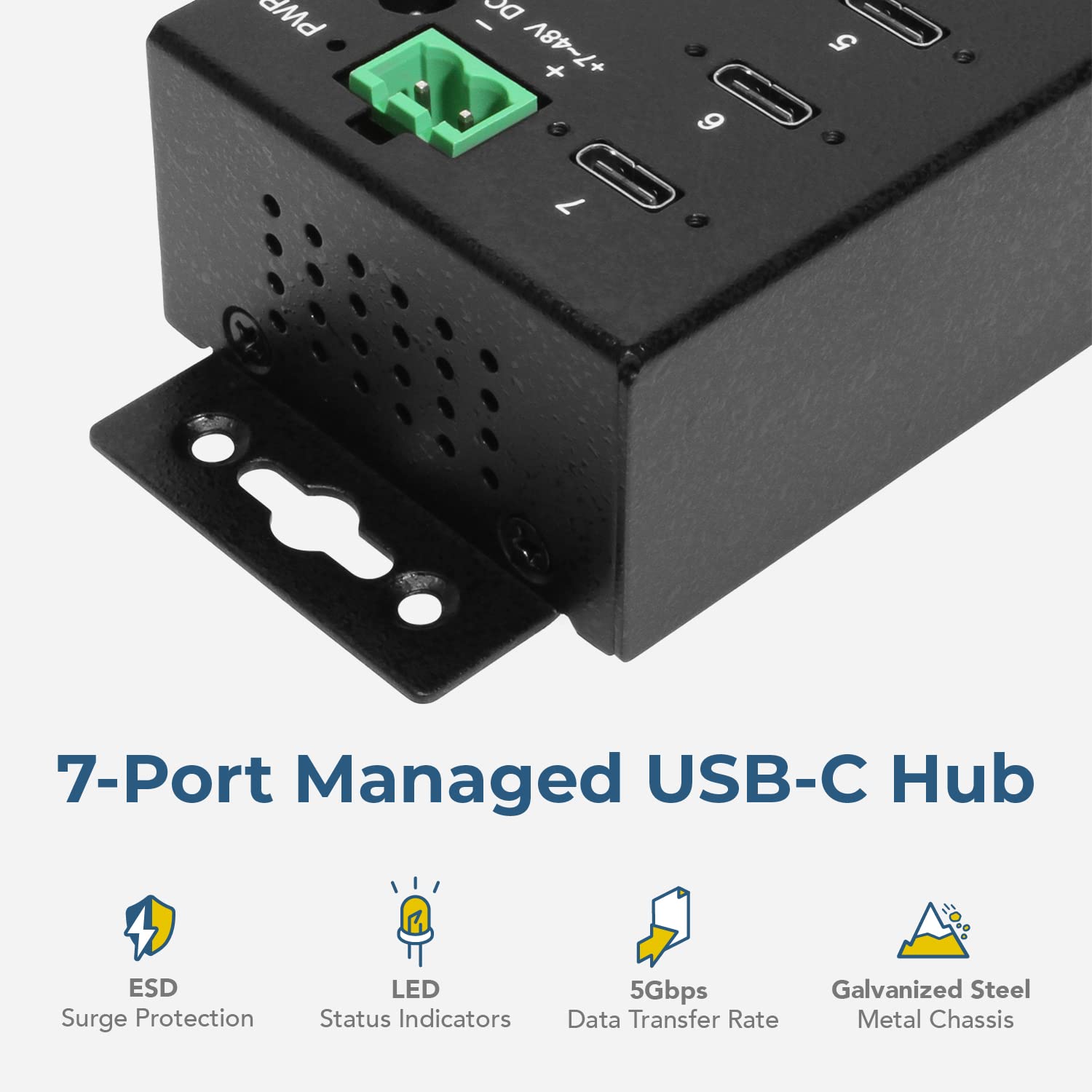 7-Port USB-C 3.2 Hub with 15KV ESD Surge Protection | DIN Rail Mount | High-Speed Data Transfer for Industrial & Office Use