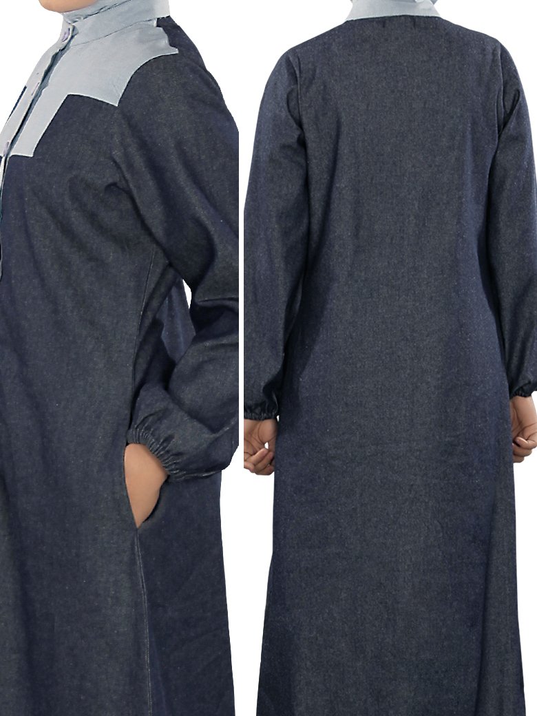 Women's Islamic Front Open Sakinah Denim Jilbab - Modest Blue Abaya for Prayer & Daily Wear | Muslim Hijab for Work & Outdoor Activities